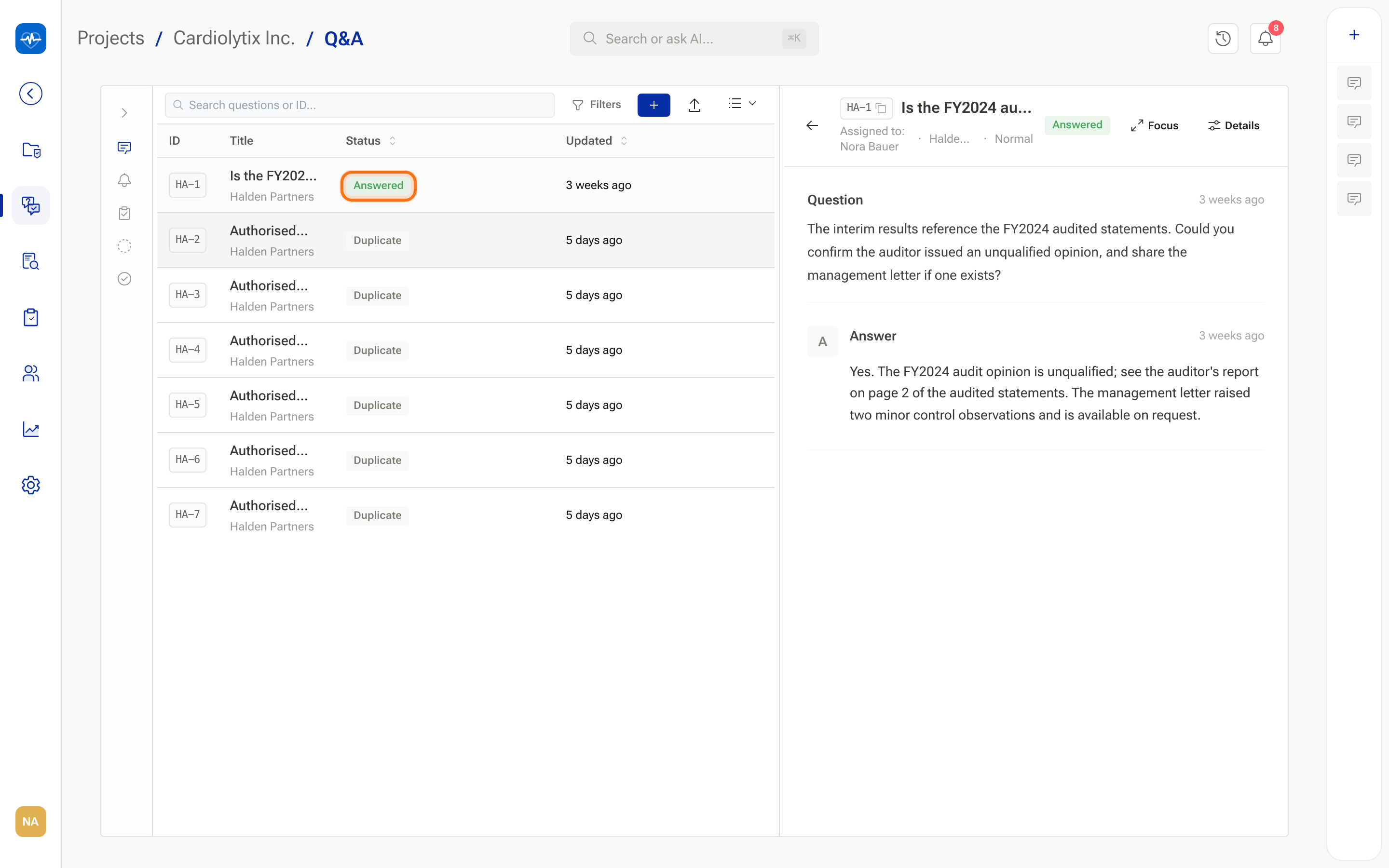 An answered question in the Q&A workspace