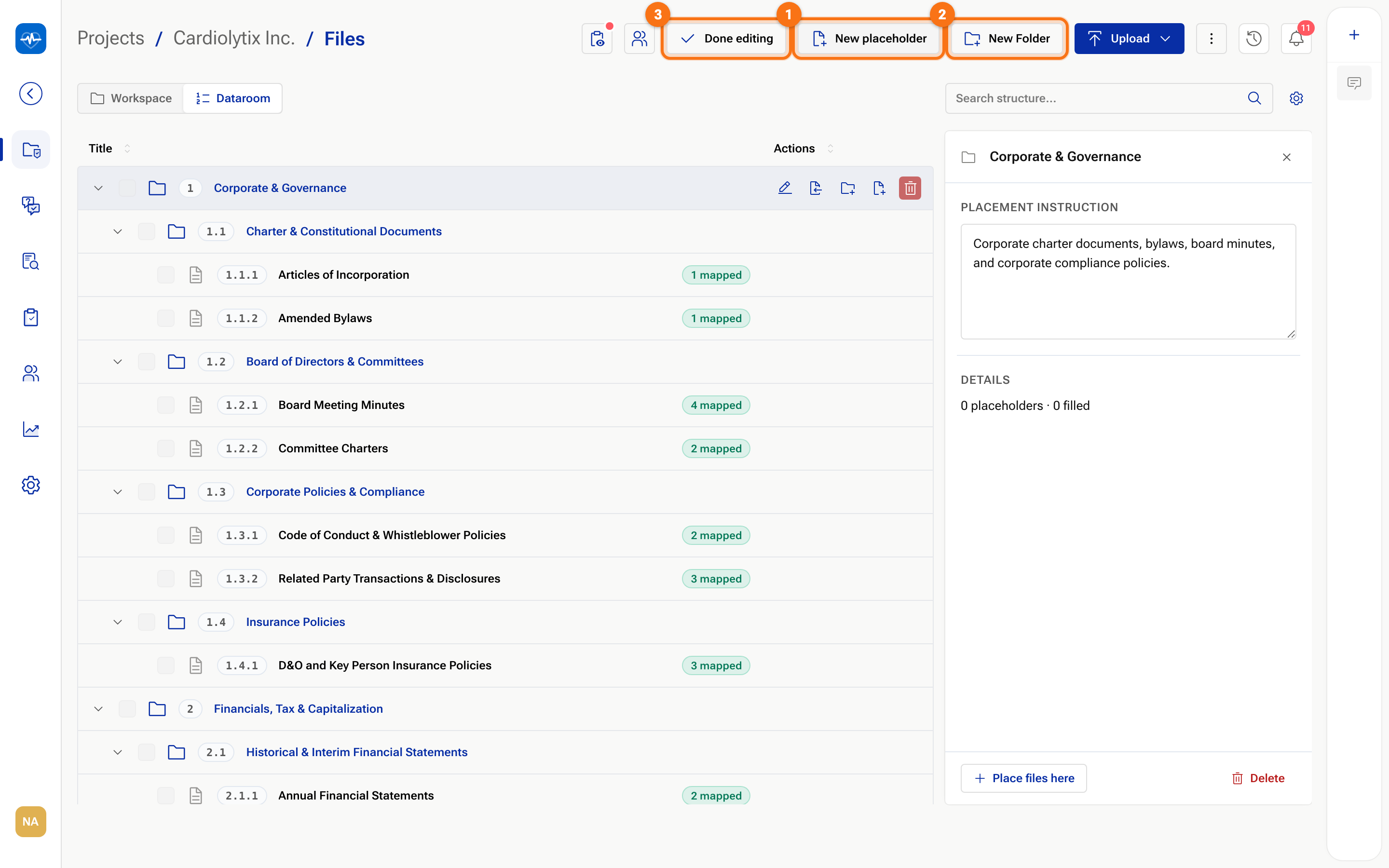 The structure editor listing folders and placeholders with mapped counts