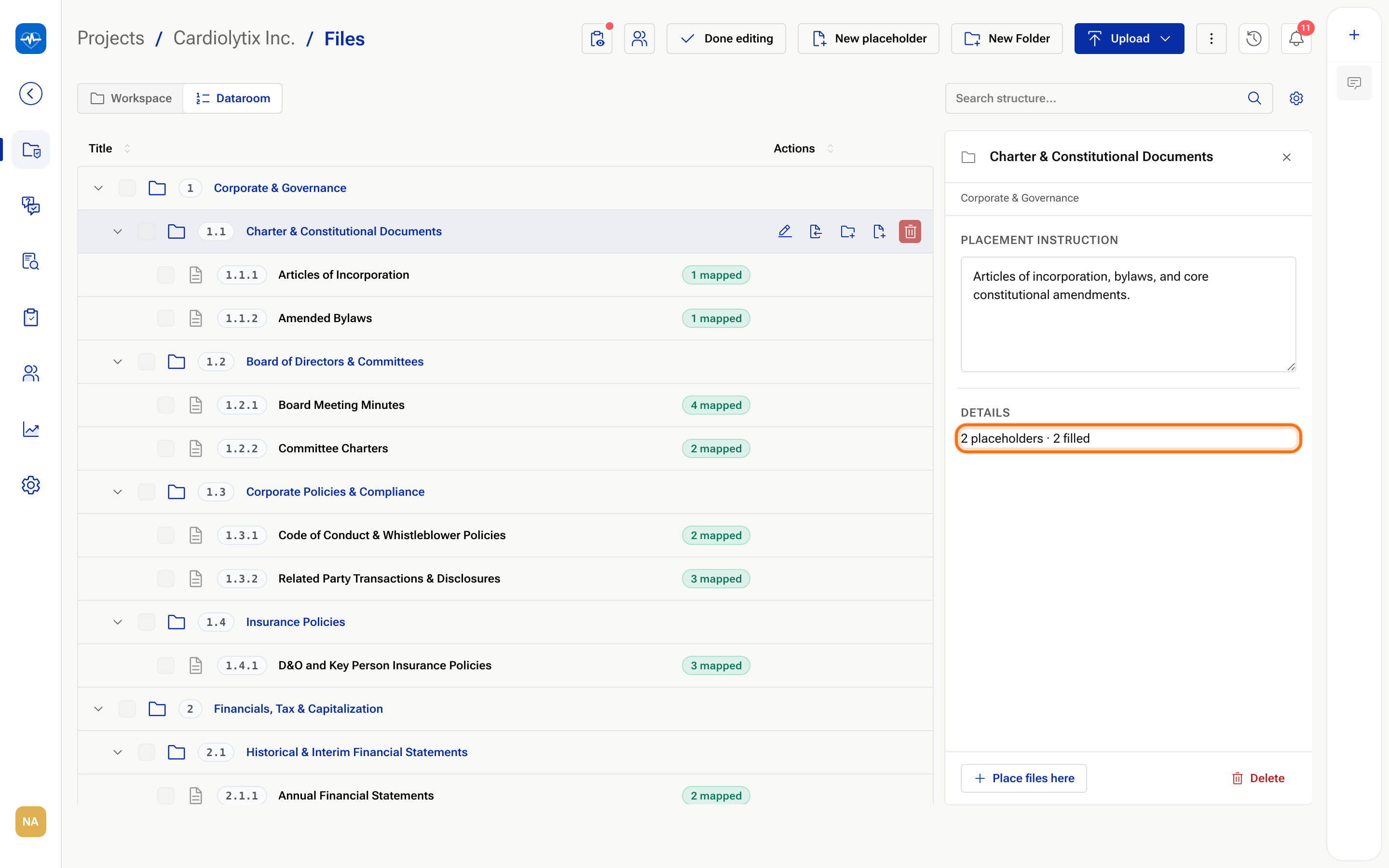 The inspector for a folder showing two placeholders, two filled
