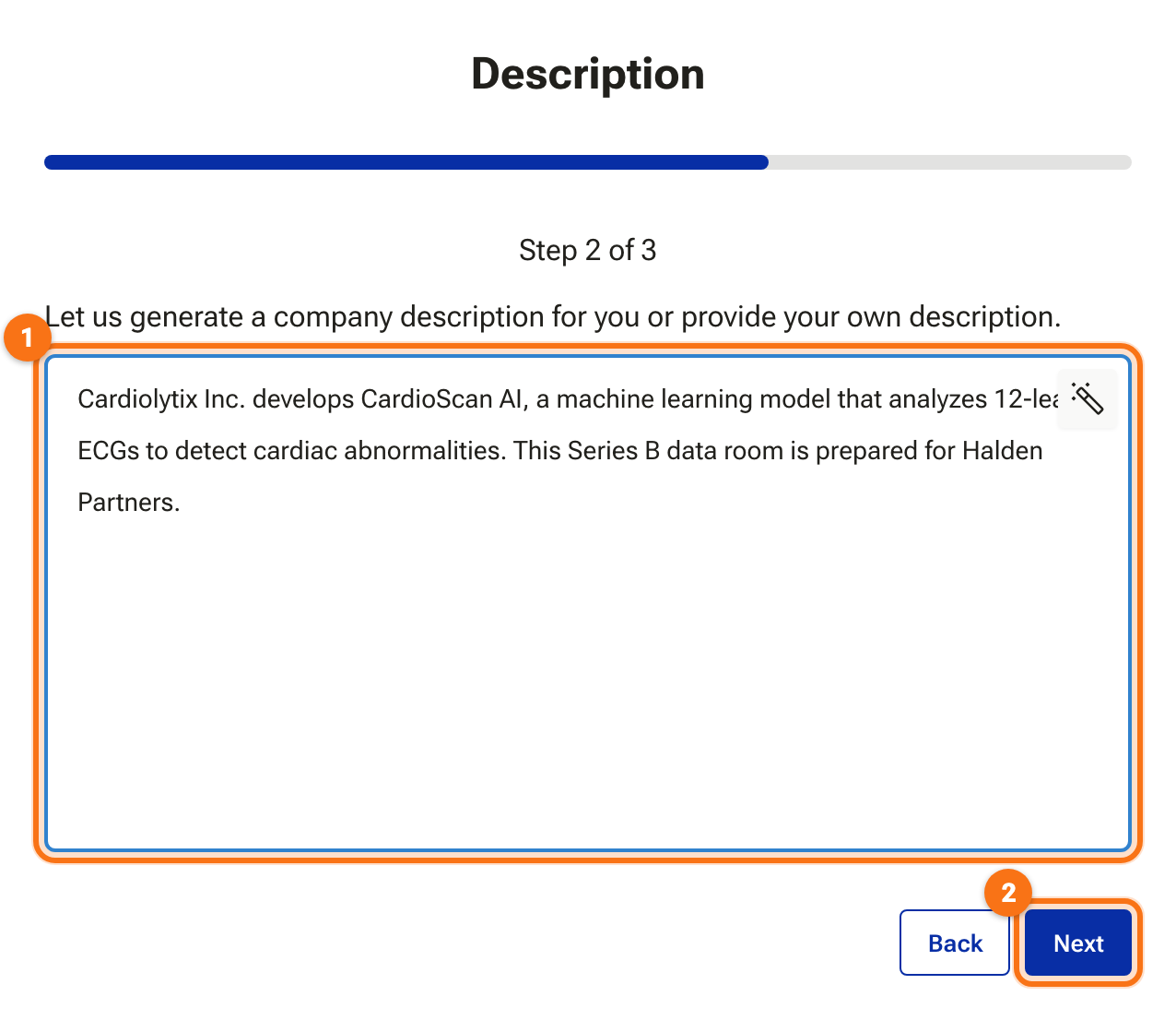 The Description step with a short company description