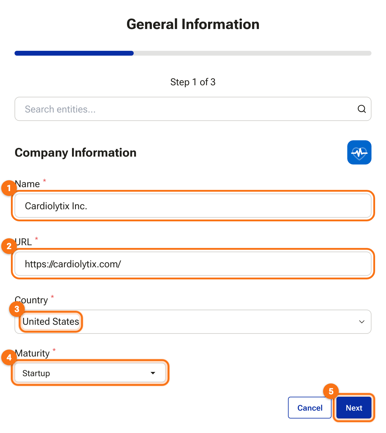 The General Information step with Cardiolytix Inc. filled in