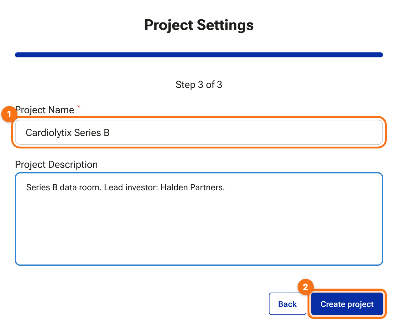 The Project Settings step with the project name filled in
