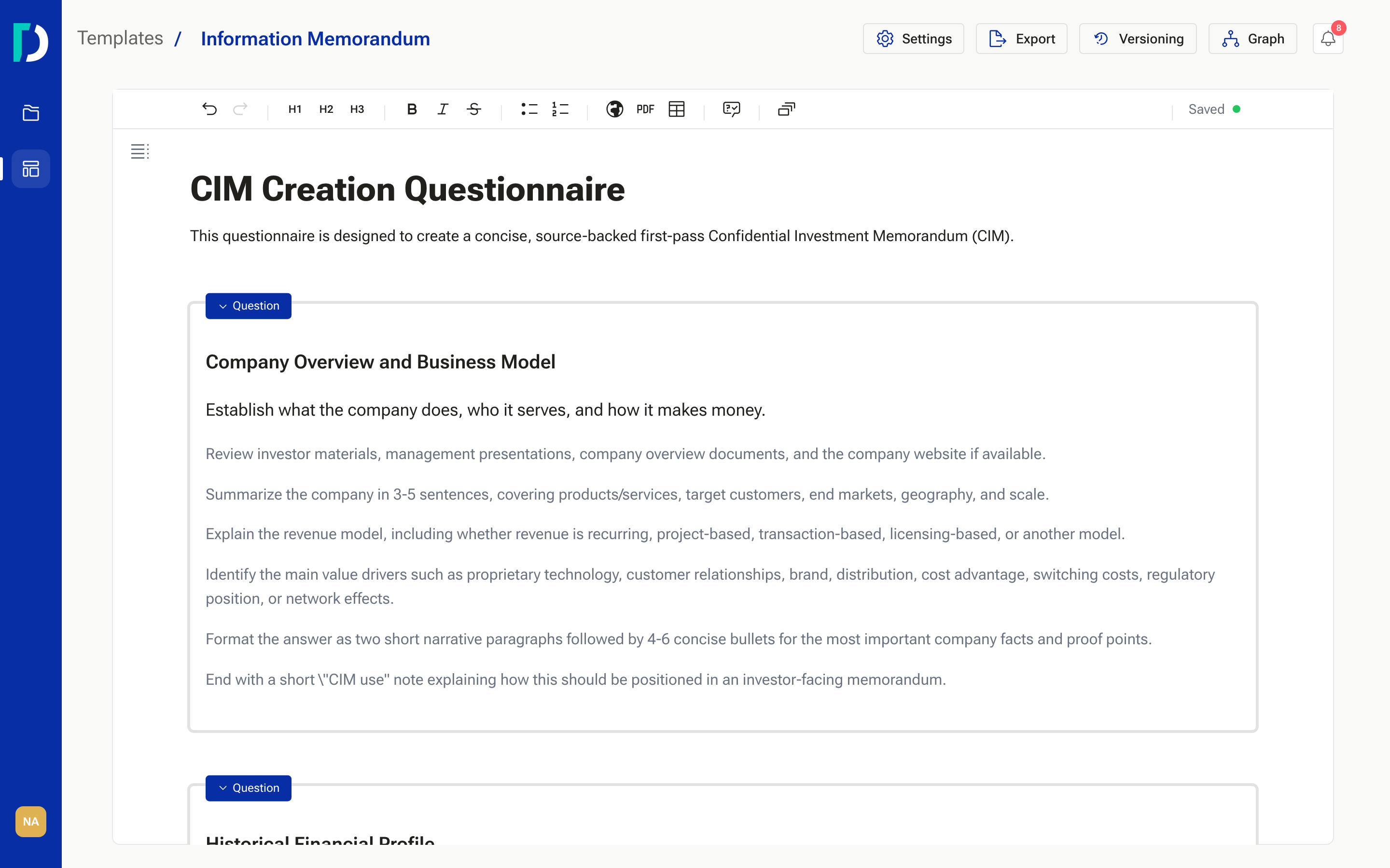 A template open in the editor with its questions
