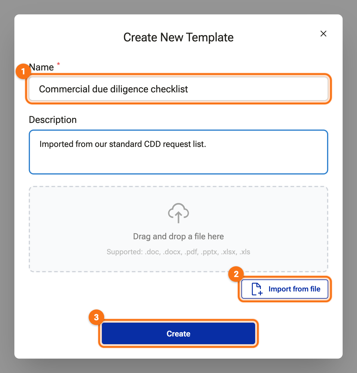 The Create New Template dialog with a name and description and the file drop zone