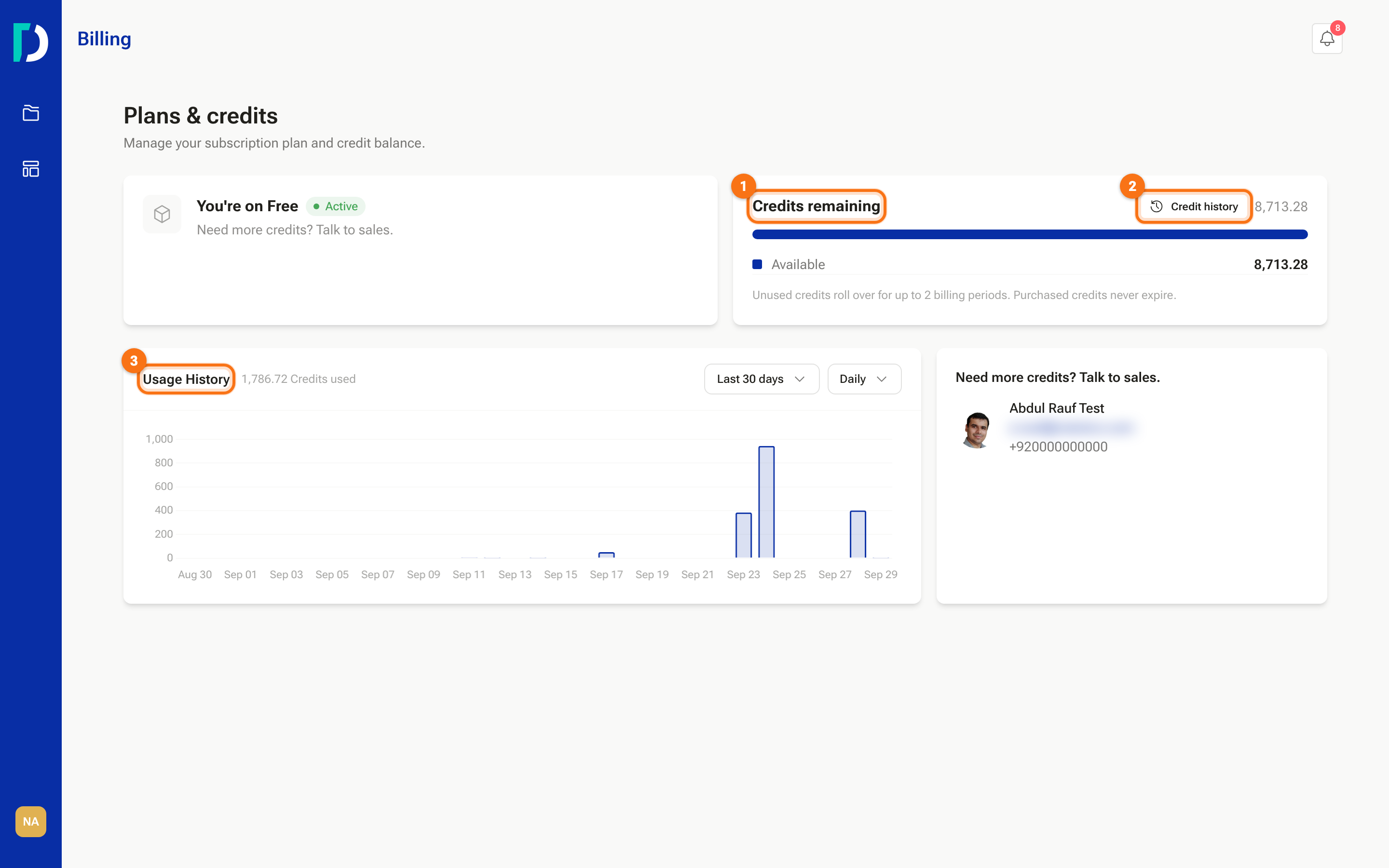 The Plans & credits page with the credit balance, the current plan and usage history