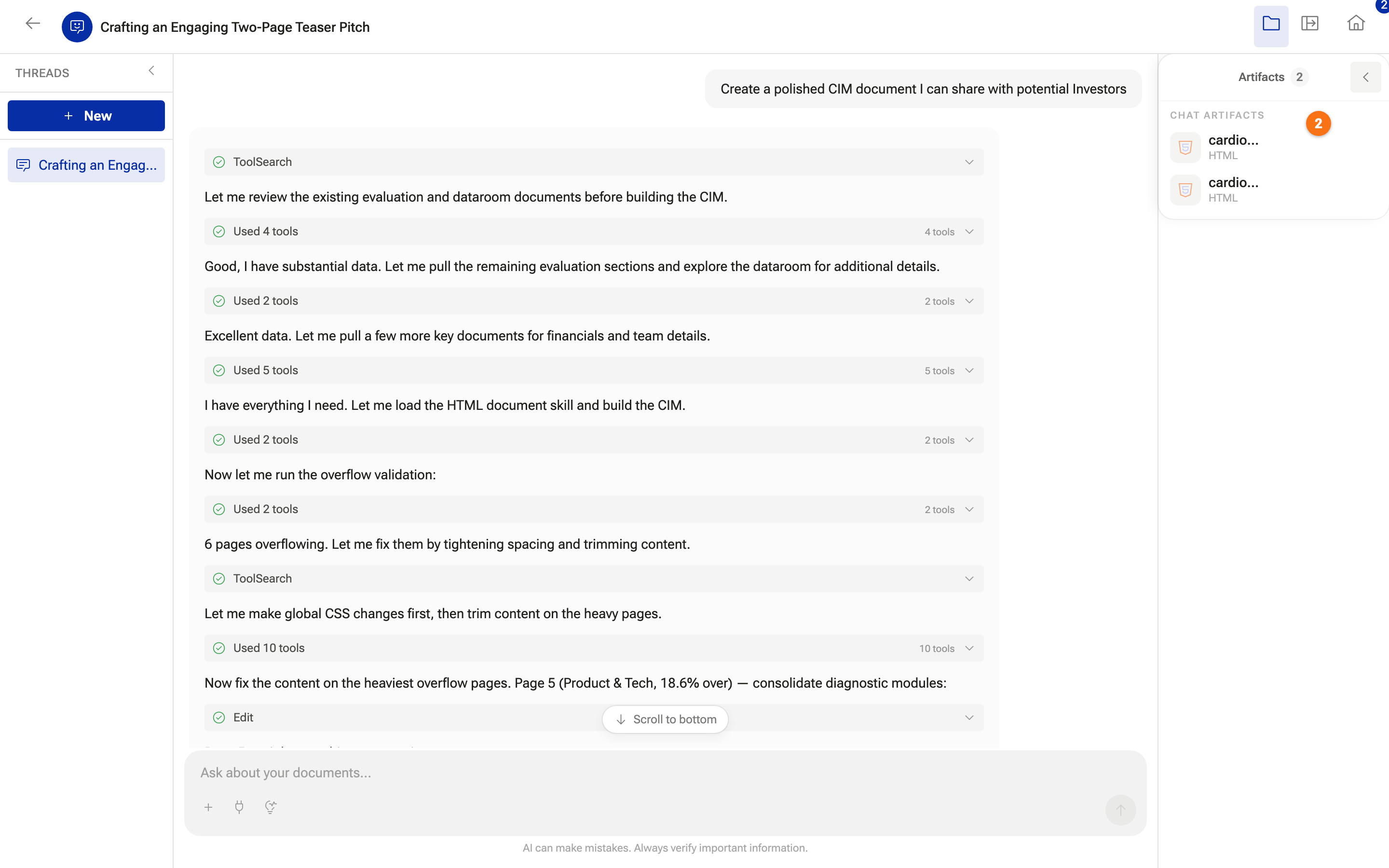 An artifact open in the preview panel with Preview, Edit HTML, Export PDF and Download