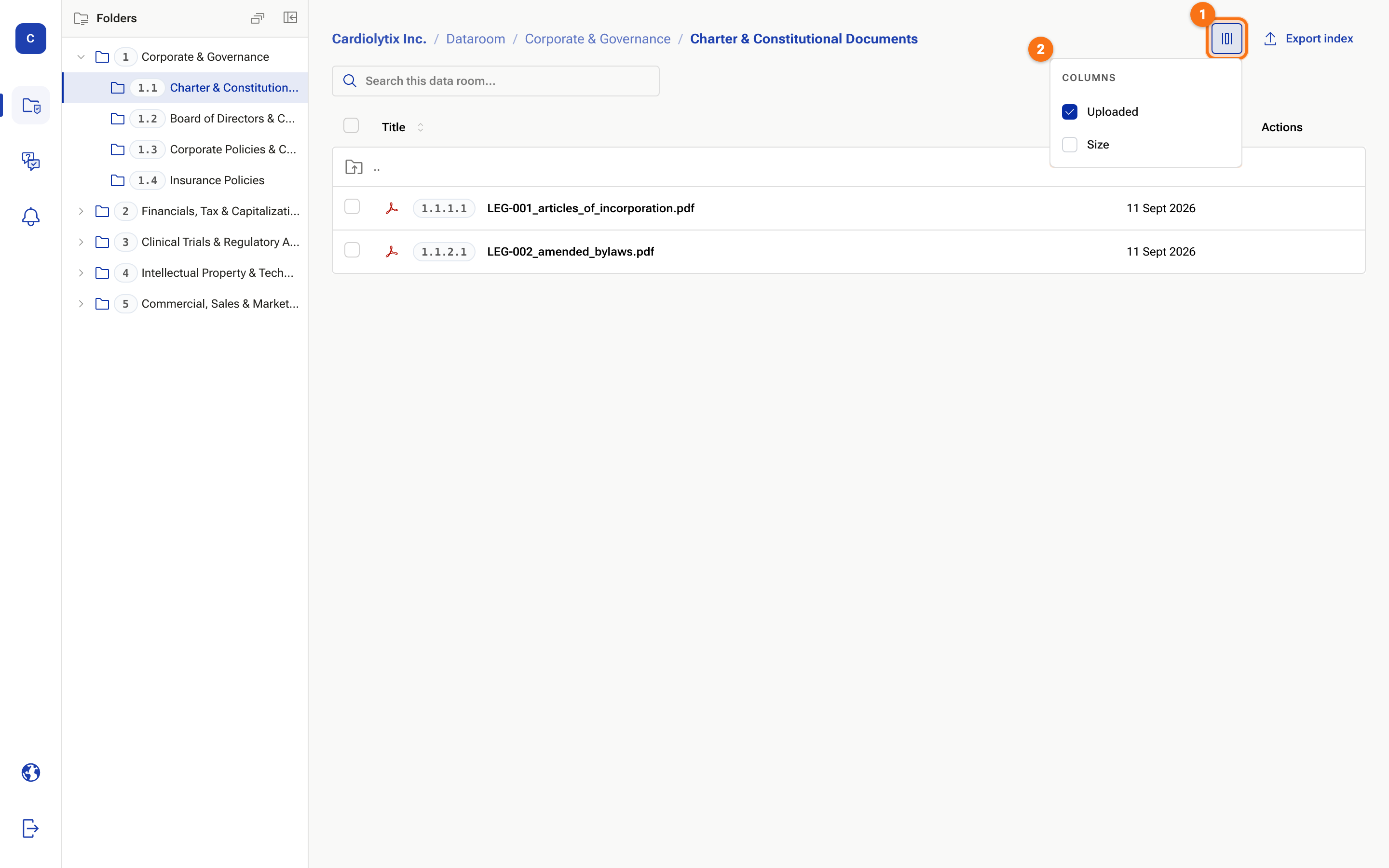 A subfolder open in the data room with two documents listed