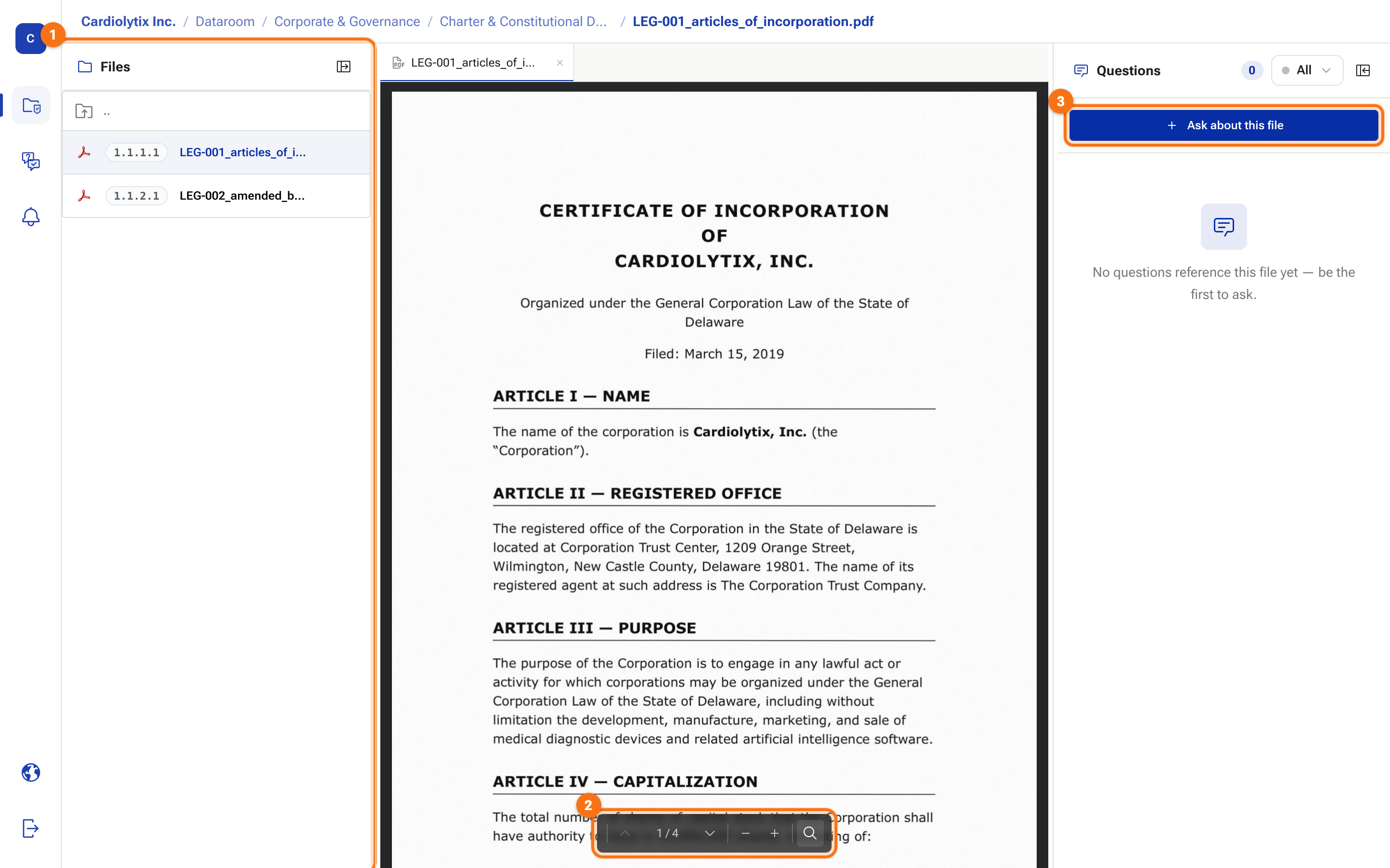 A document open in the viewer with the Questions panel on the right