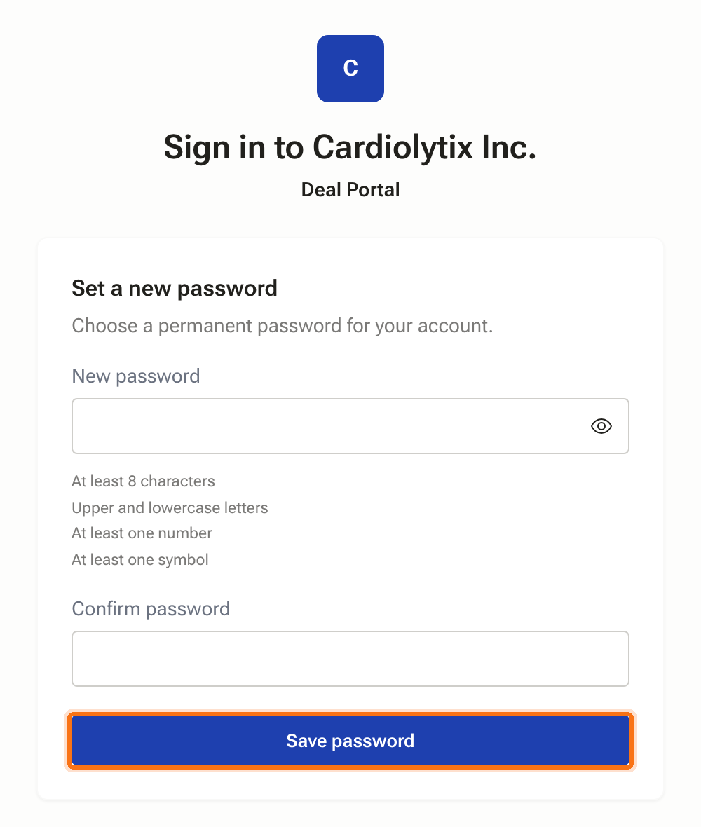 The Set a new password screen with the password rules listed