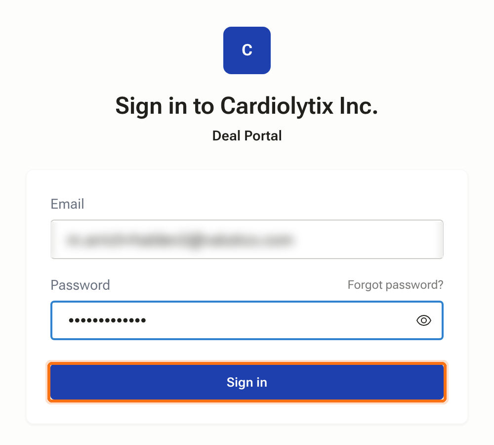 The portal sign-in page with email and password filled in
