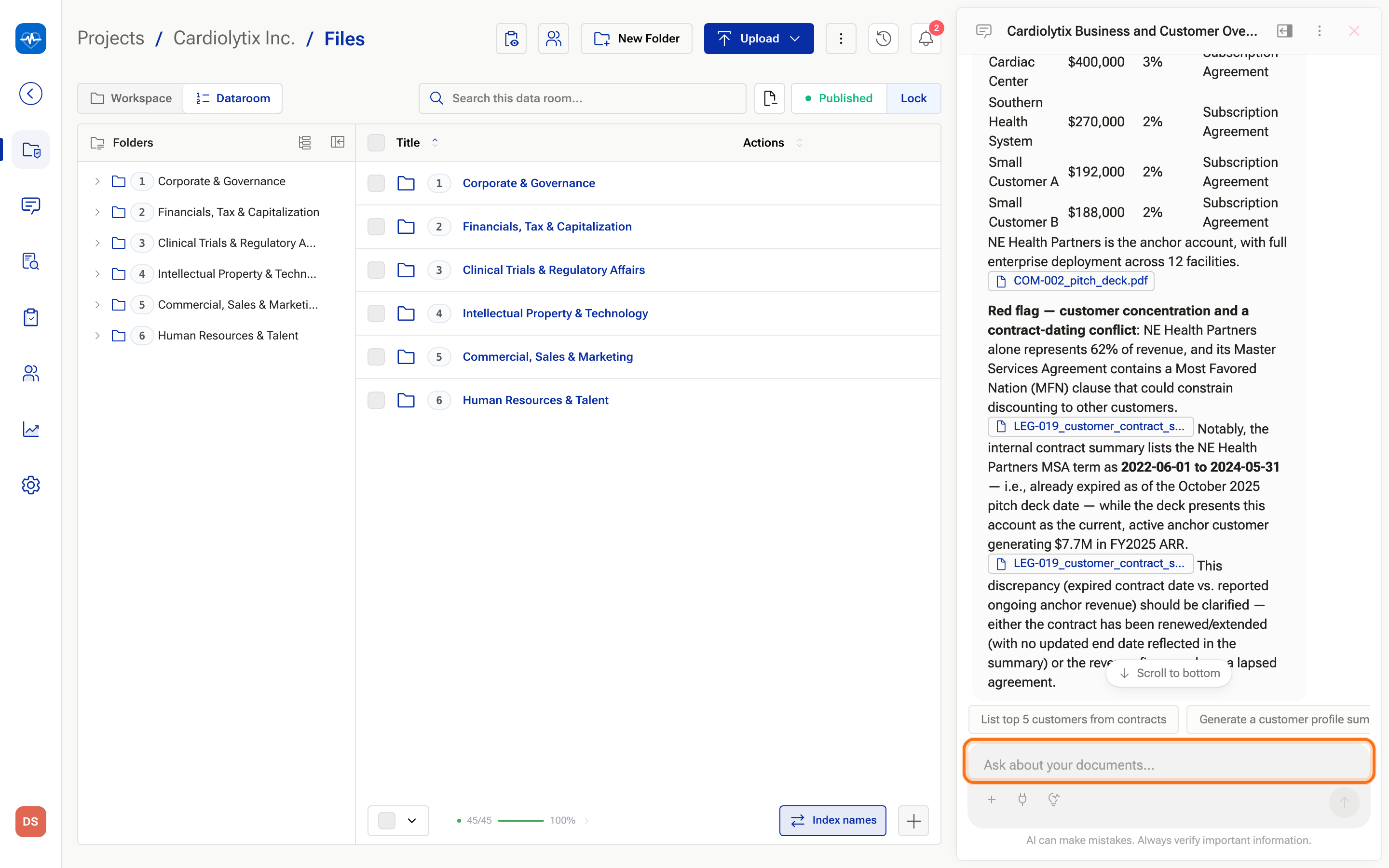 The assistant panel with an answer and document citations
