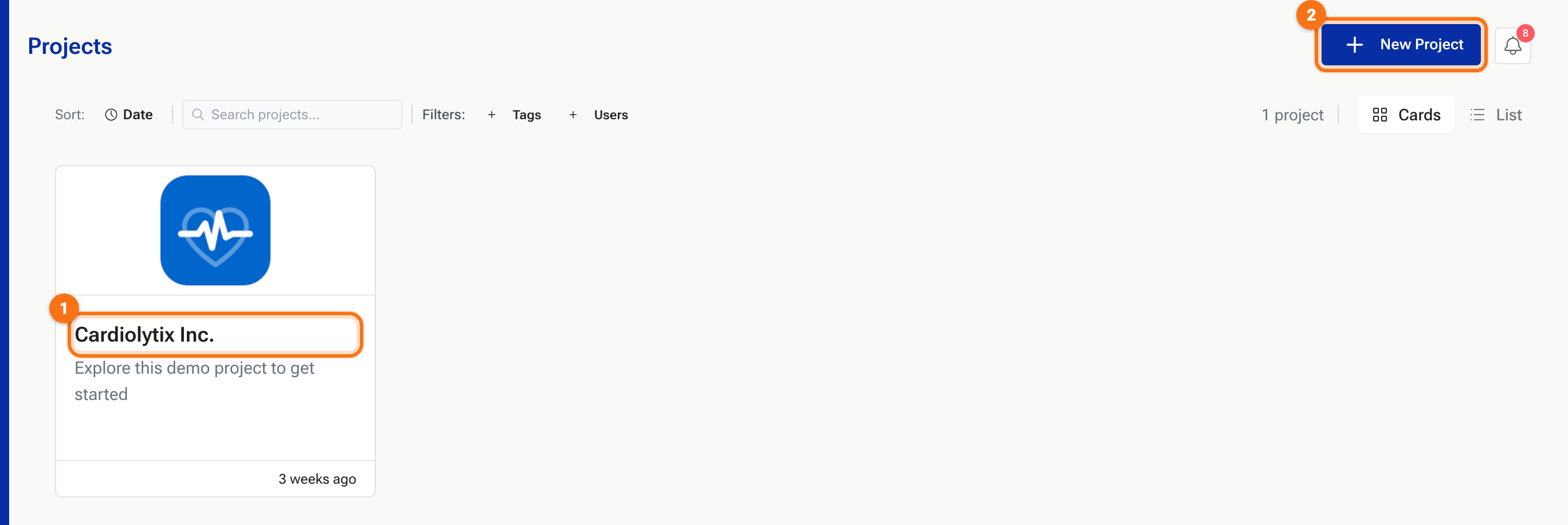 The Projects page with the Cardiolytix Inc. demo card and the New Project button