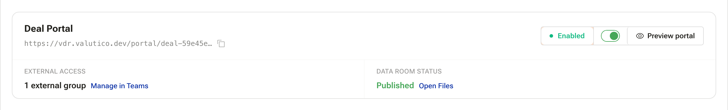 The Deal Portal header after publishing: Enabled, external group count, data room status Published