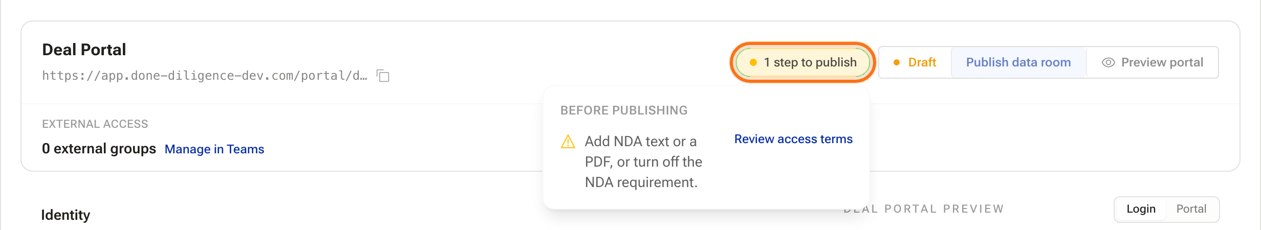 The Deal Portal header with the "1 step to publish" chip open, listing an NDA blocker