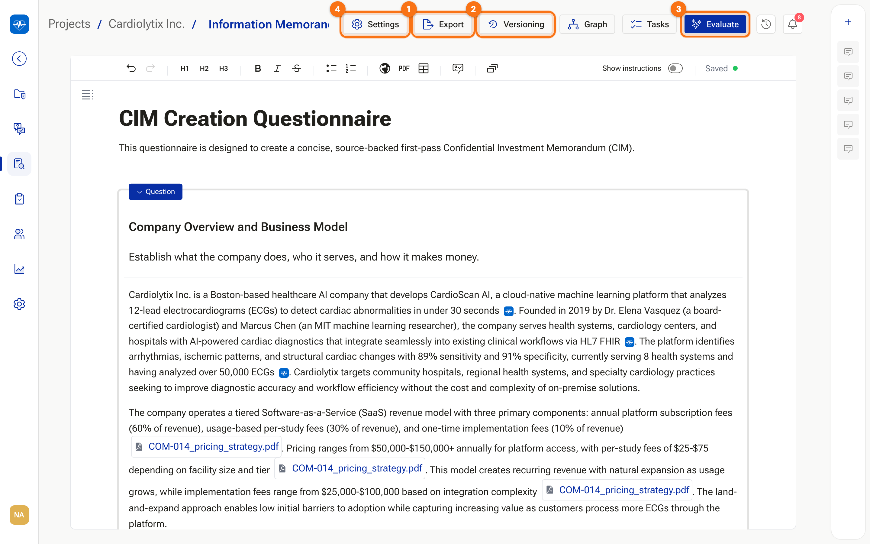 A questionnaire open in the editor with an answered statement and the toolbar