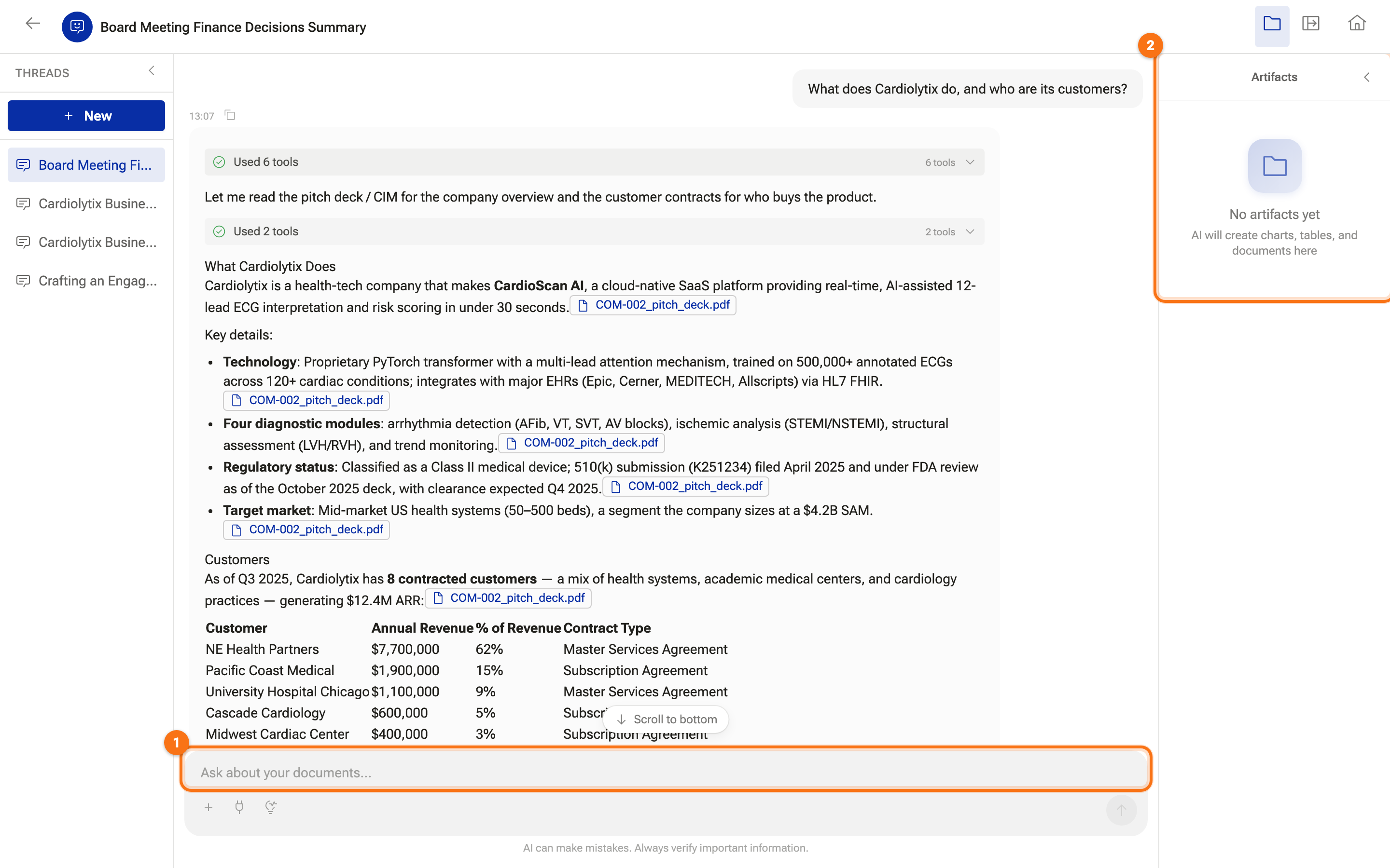 The assistant open next to the Files page, with a cited answer and the Artifacts rail