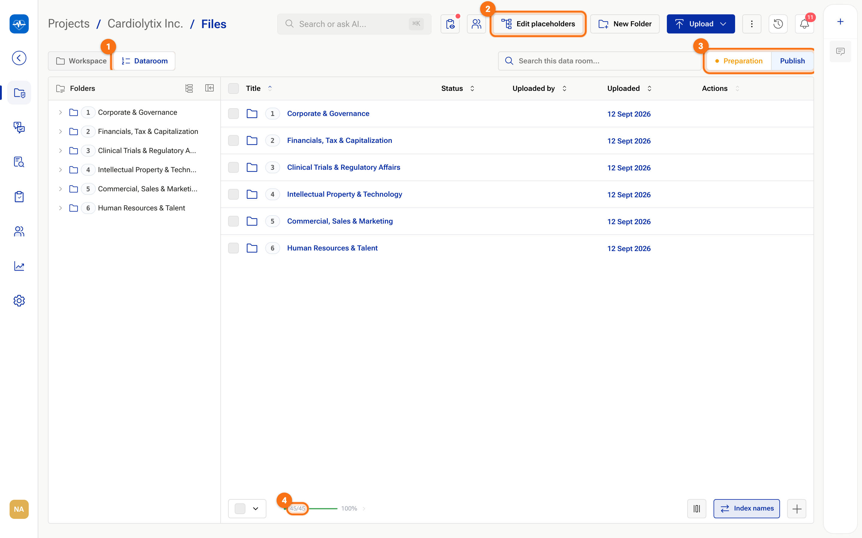 The Dataroom in Preparation with six top-level folders and the completion counter