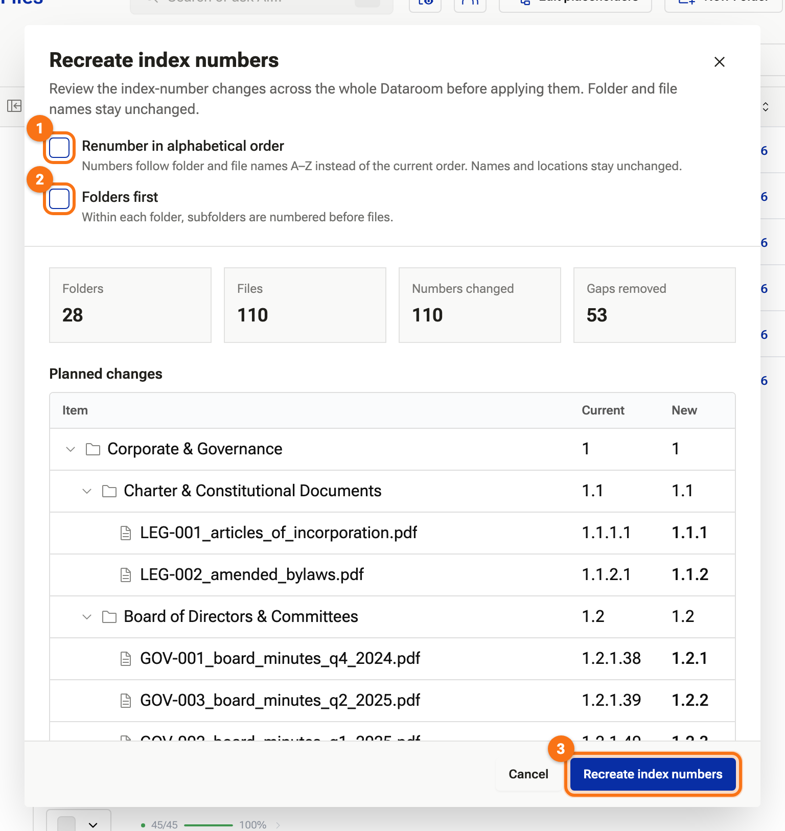 The Recreate index numbers preview