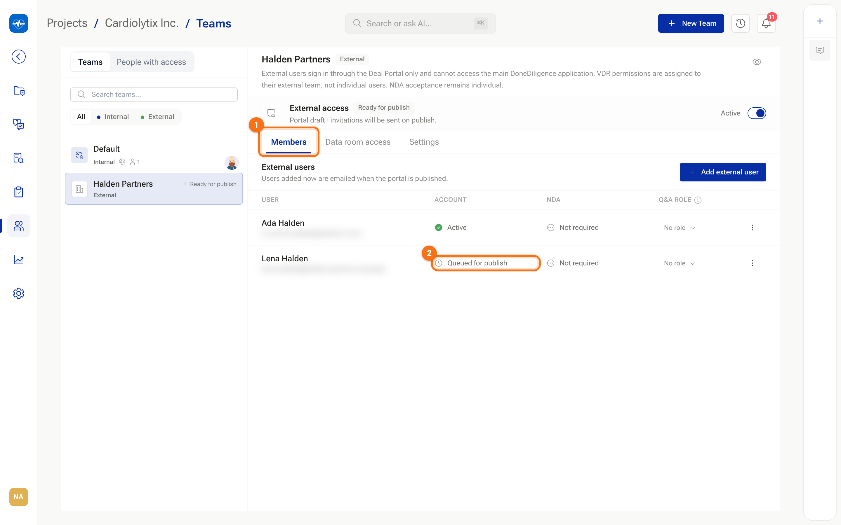 An external group's Members tab showing Queued for publish, Invited and Active rows