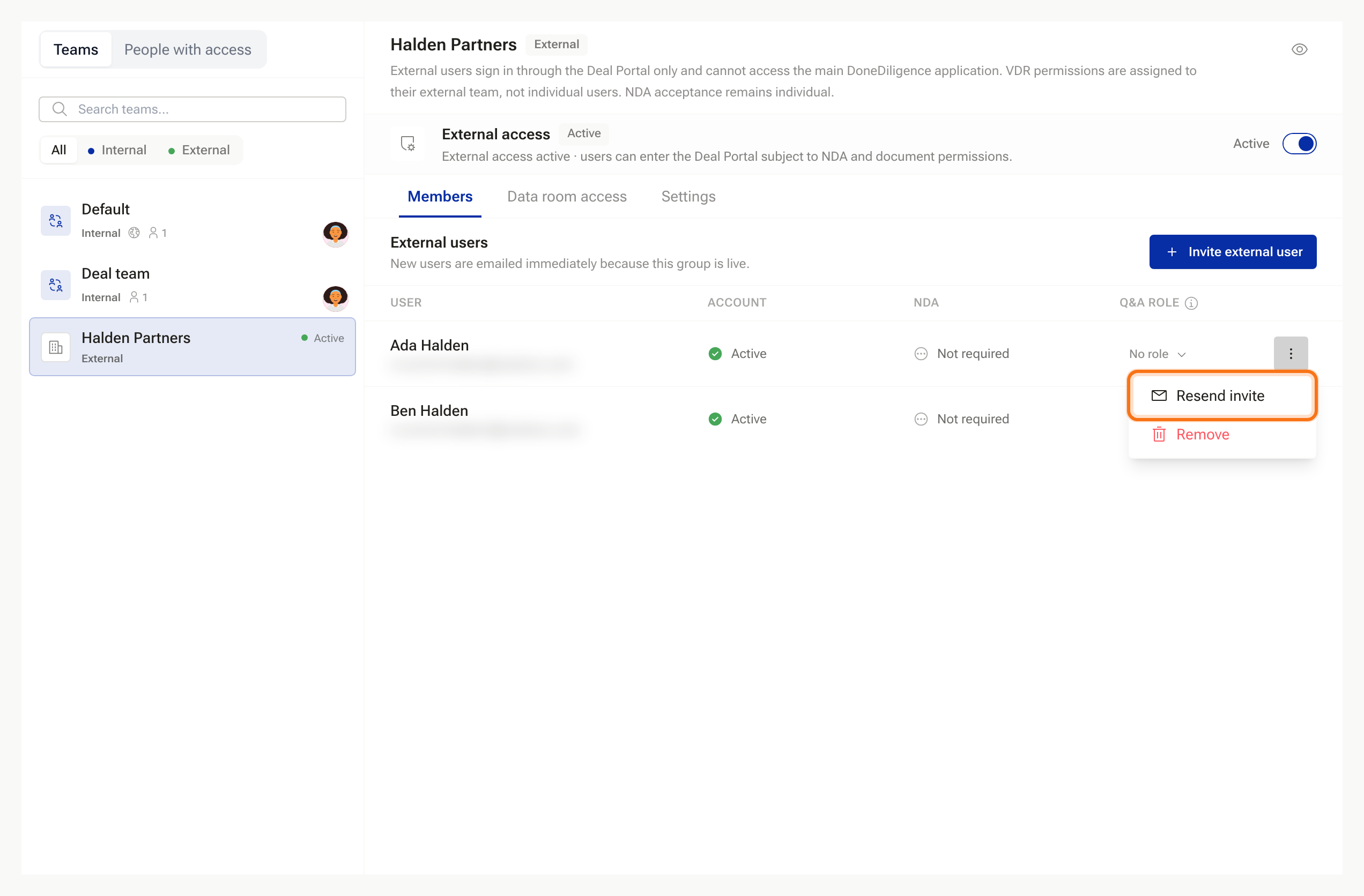 The ⋮ menu on an invited row with Resend invite
