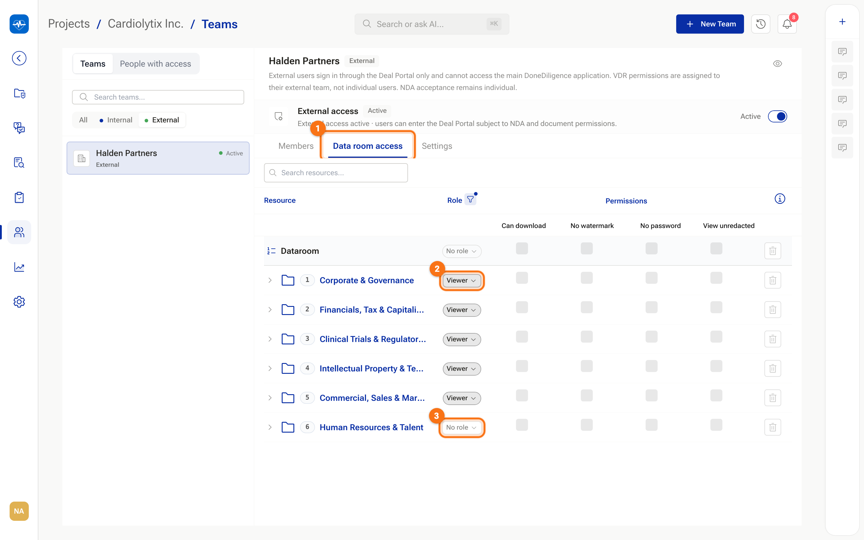 The Data room access tab with Viewer granted on five folders and No role on Human Resources