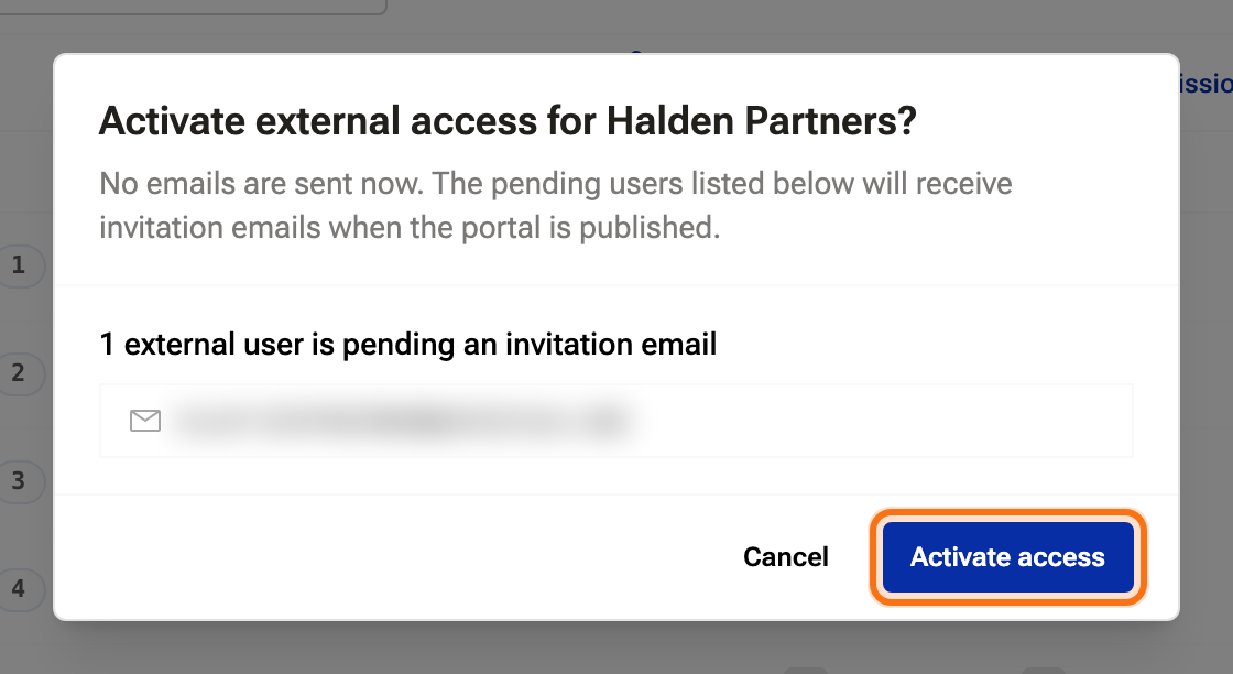 The Activate external access confirmation listing one pending user