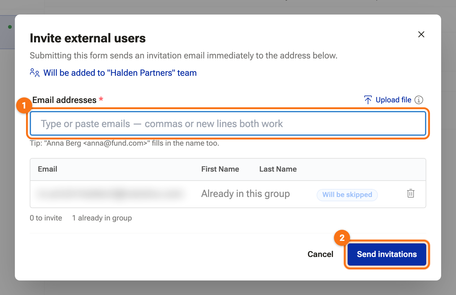 The invite dialog with one address entered and its name filled in