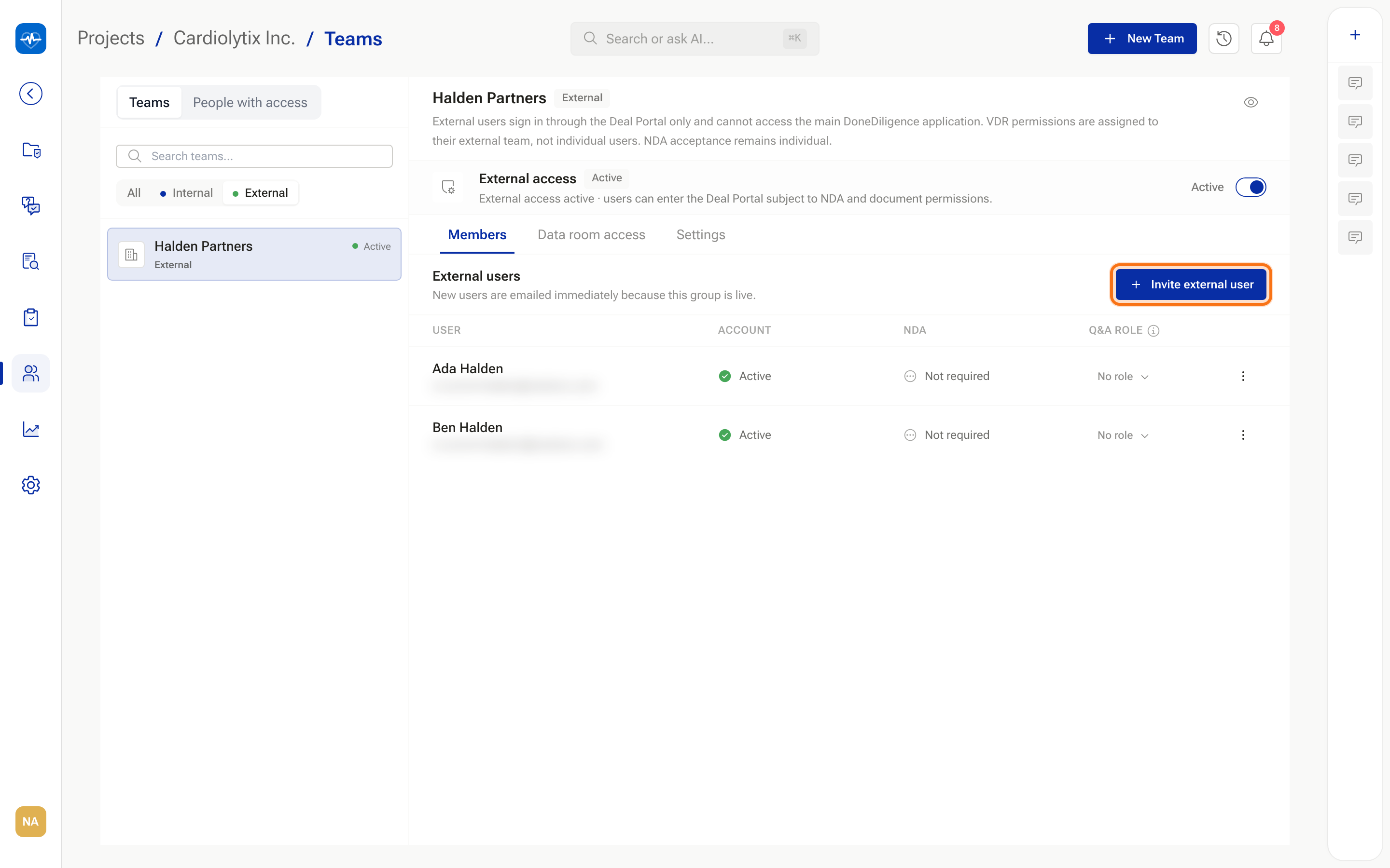 The Members tab of an active group with one external user