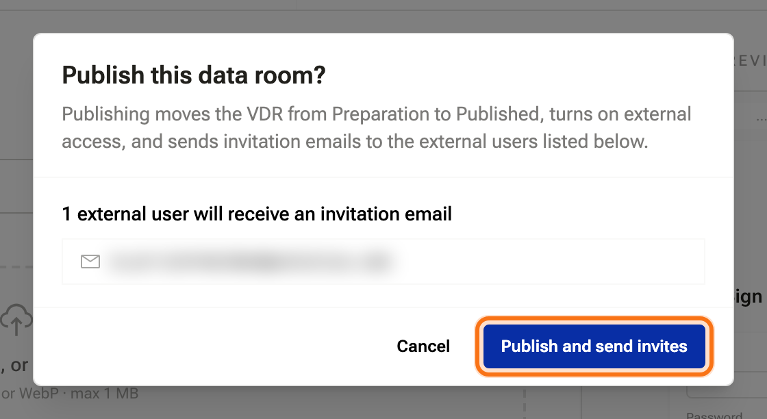 The Publish this data room confirmation listing one recipient