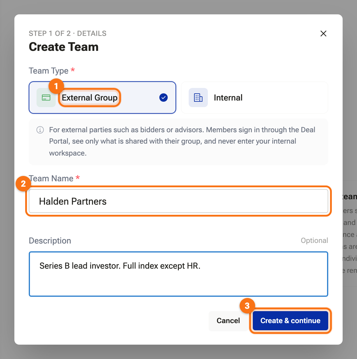 The Create Team dialog with External Group selected and the name Halden Partners