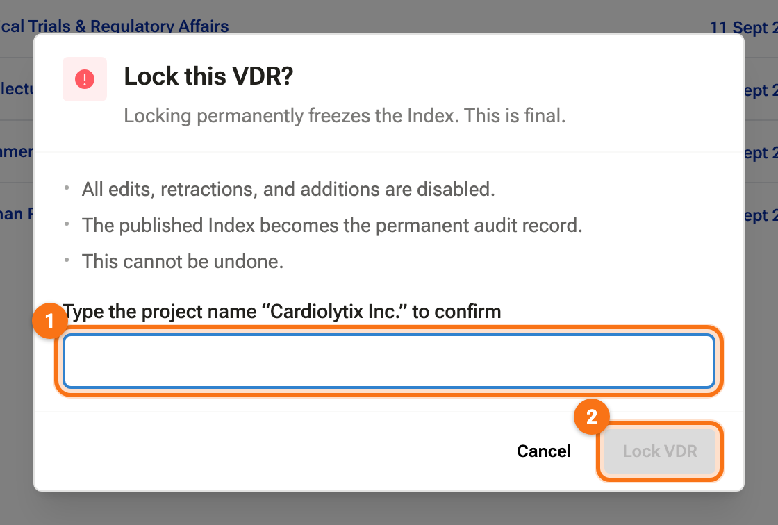The Lock this VDR dialog asking for the project name