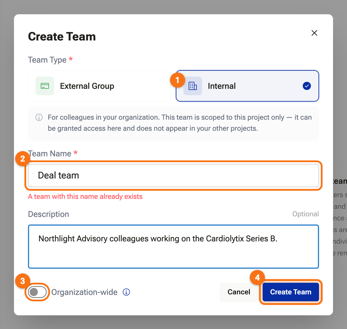 The Create Team dialog with Internal selected