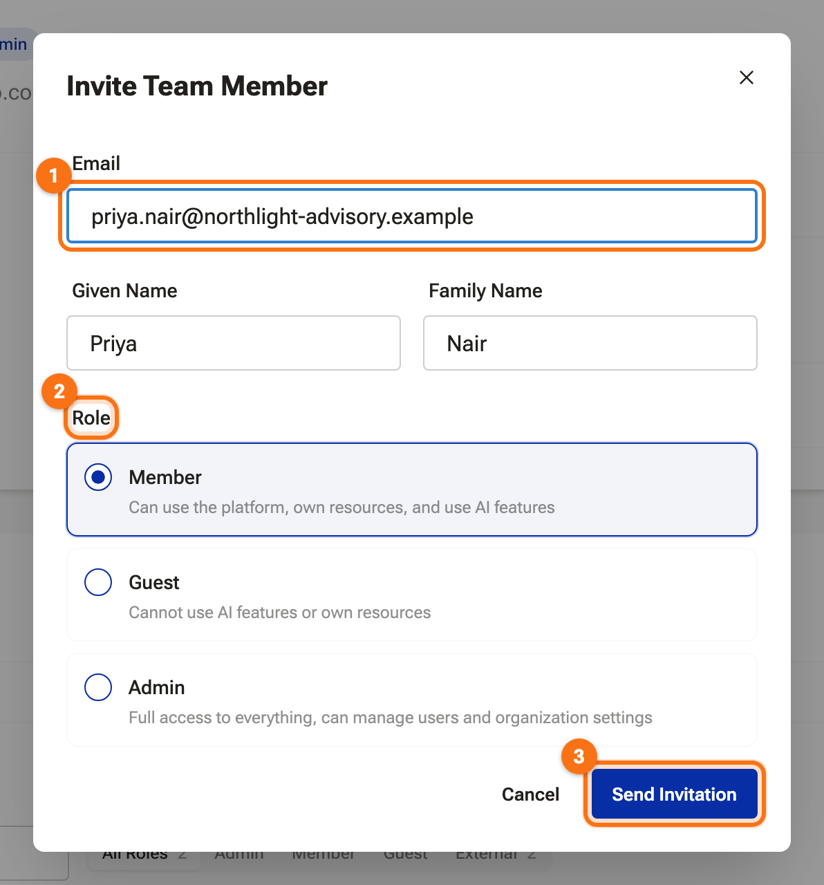 The Invite Team Member dialog with the email filled in and Member selected
