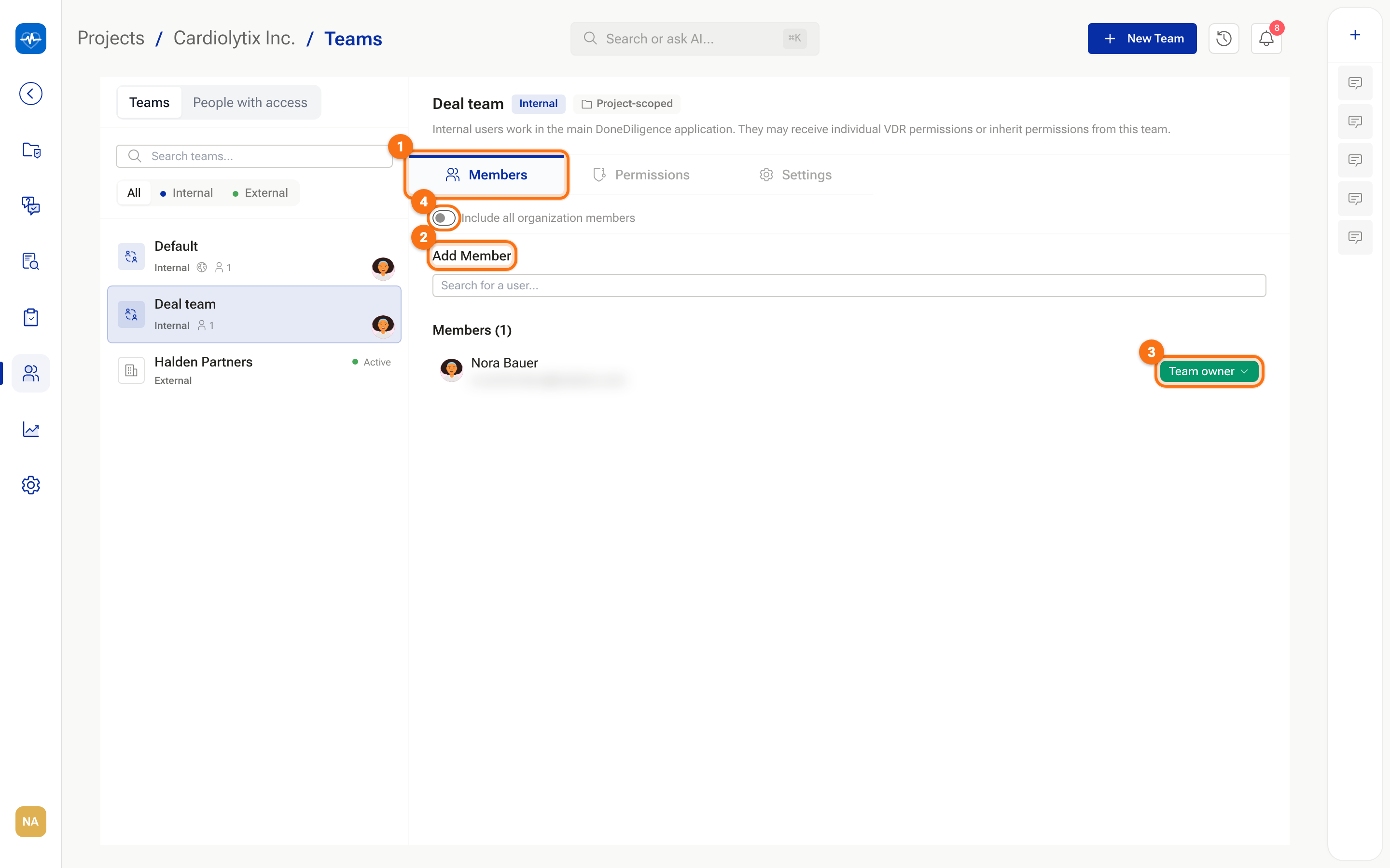 The Members tab of an internal team with the Add Member field and a role badge