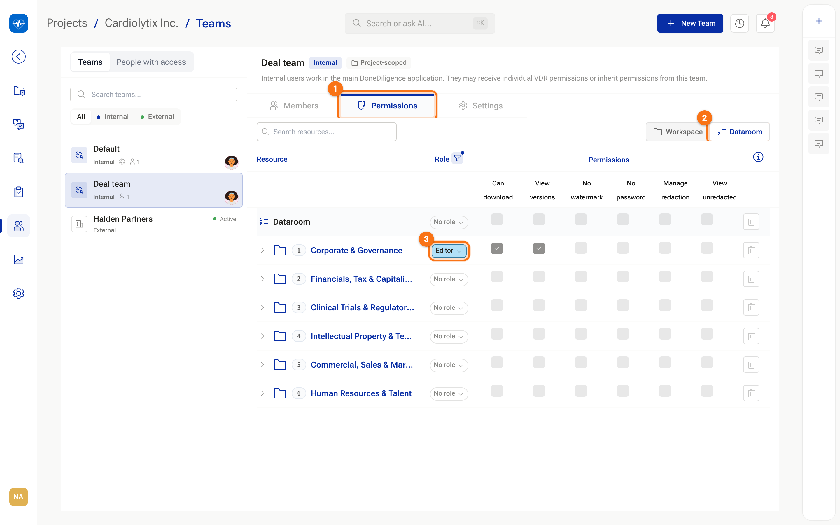 The Permissions tab of an internal team with roles set per folder