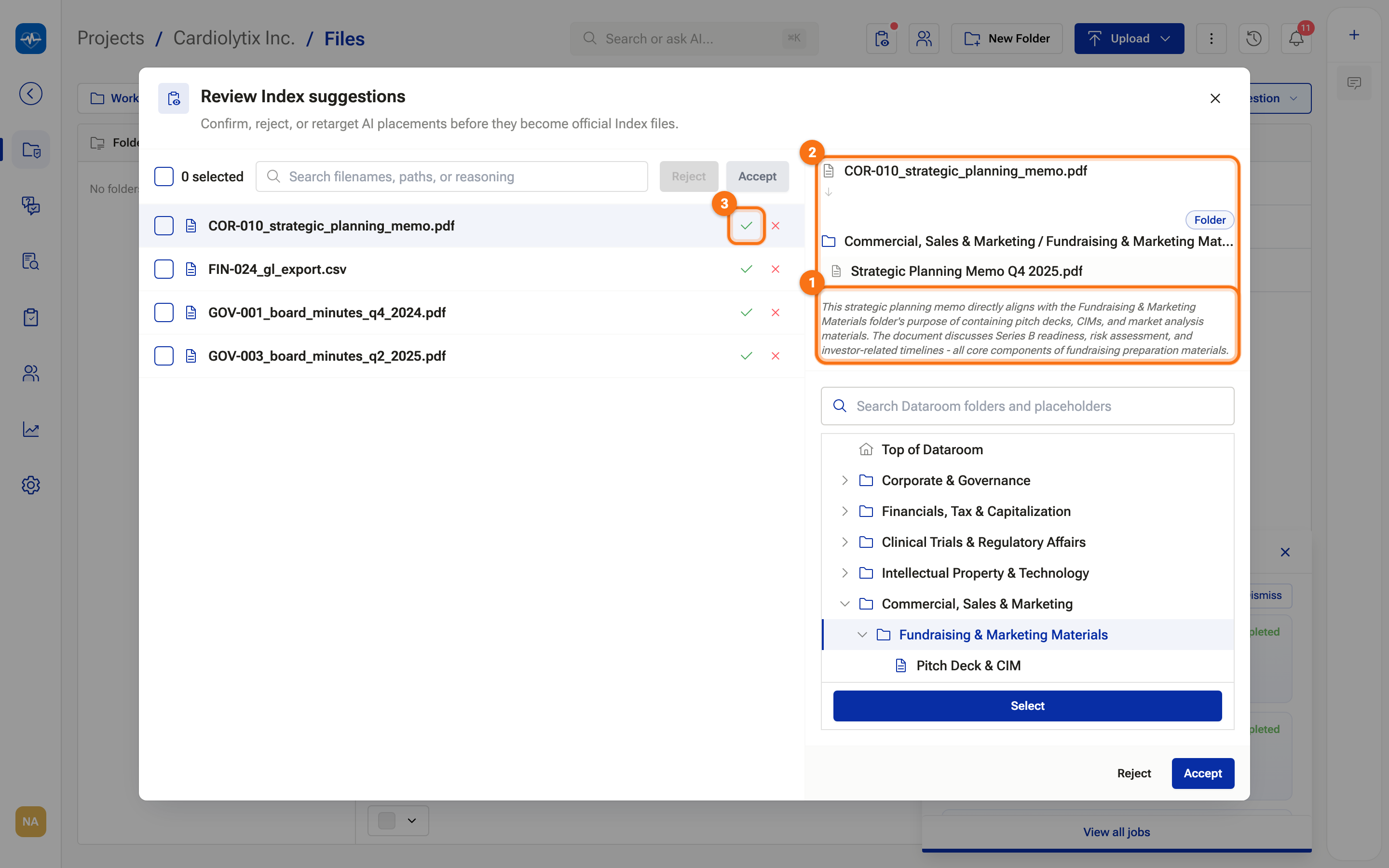 The Review Index suggestions dialog with one suggestion selected