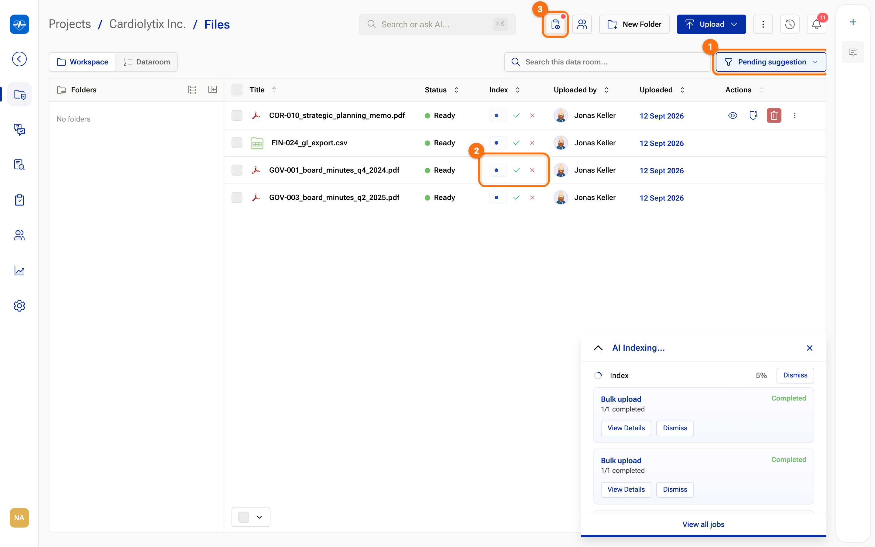 The Workspace filtered to Pending suggestion, with the marker in the Index column and the Review suggestions button