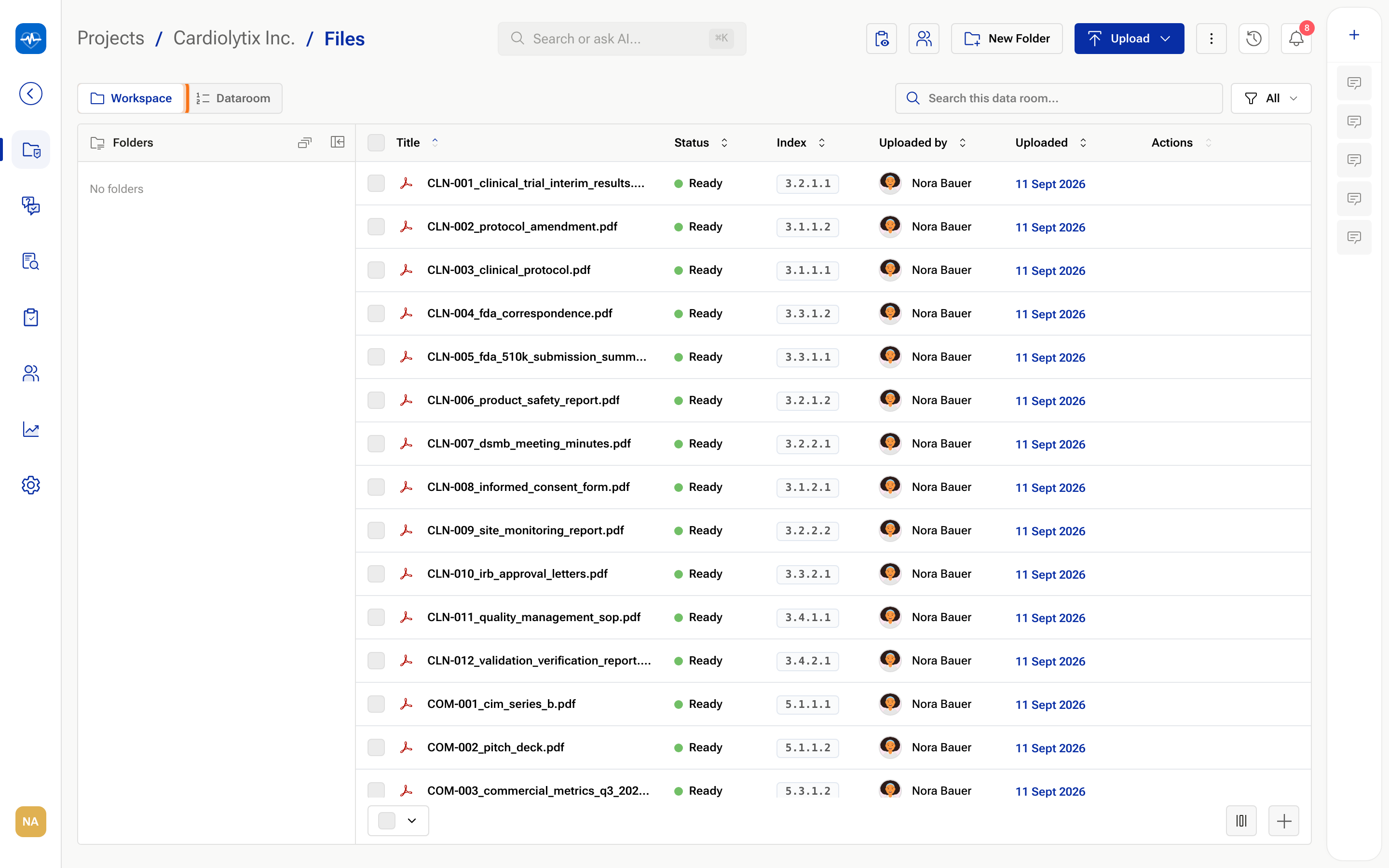 The Workspace tab of the Files page listing the uploaded Cardiolytix documents