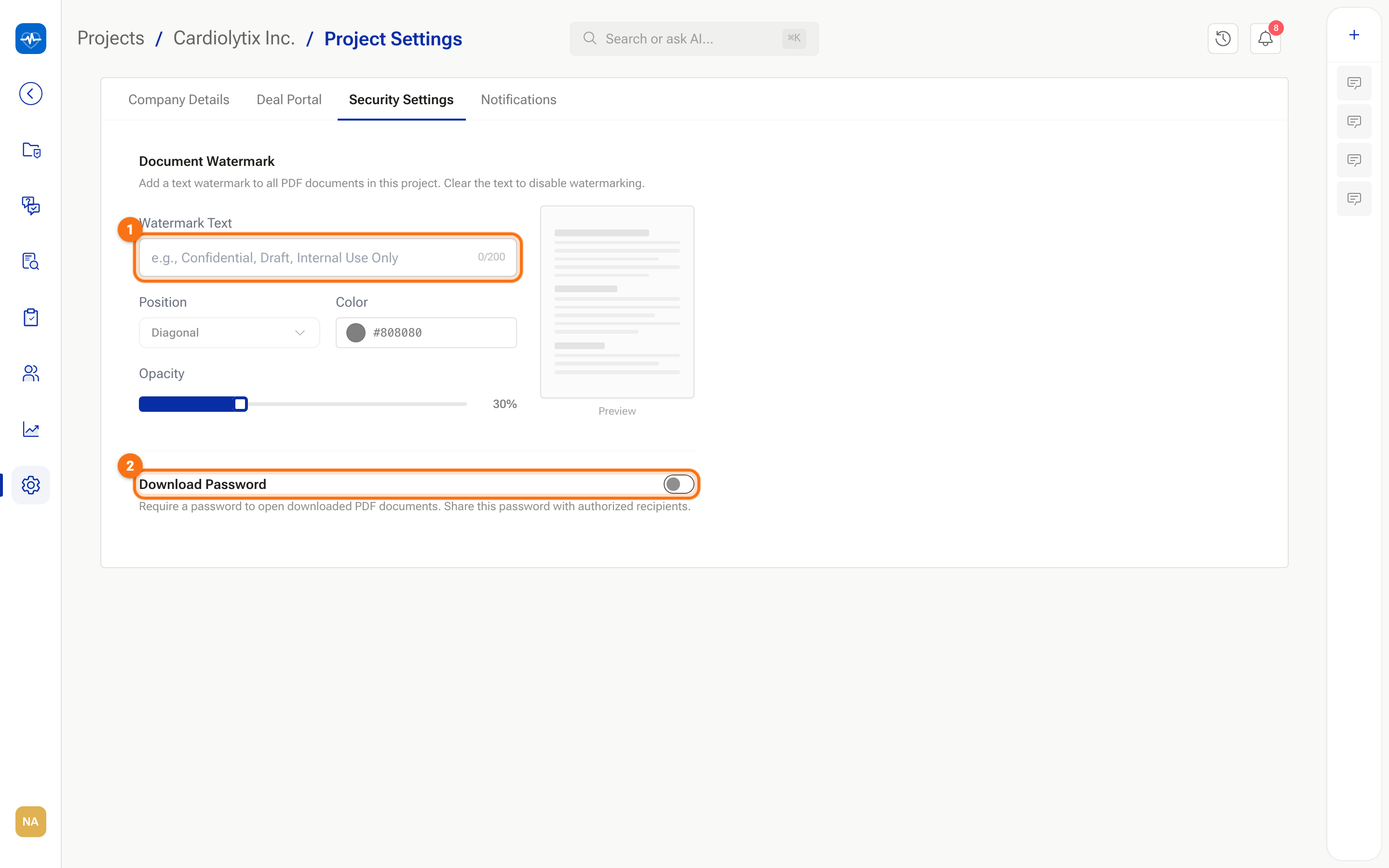 The Security Settings tab with Document Watermark and Download Password