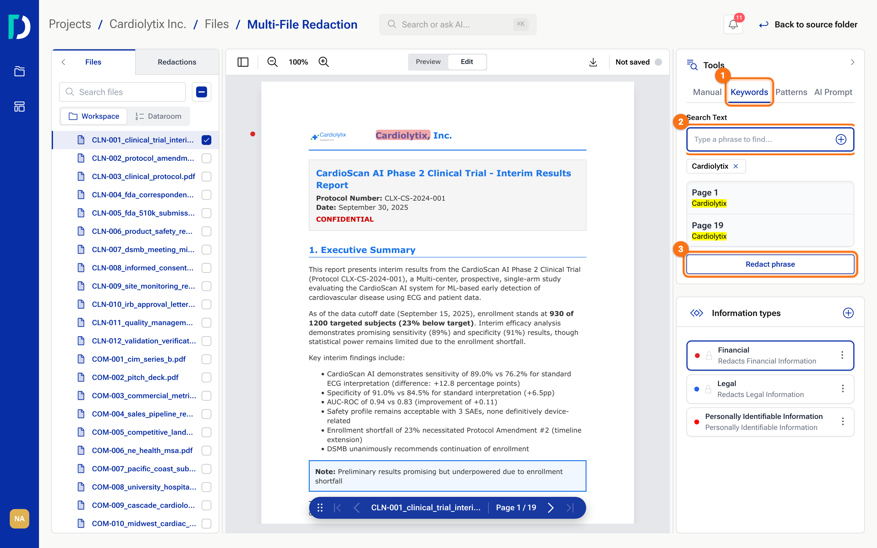 The Keywords tab with a phrase added and the Redact phrase button