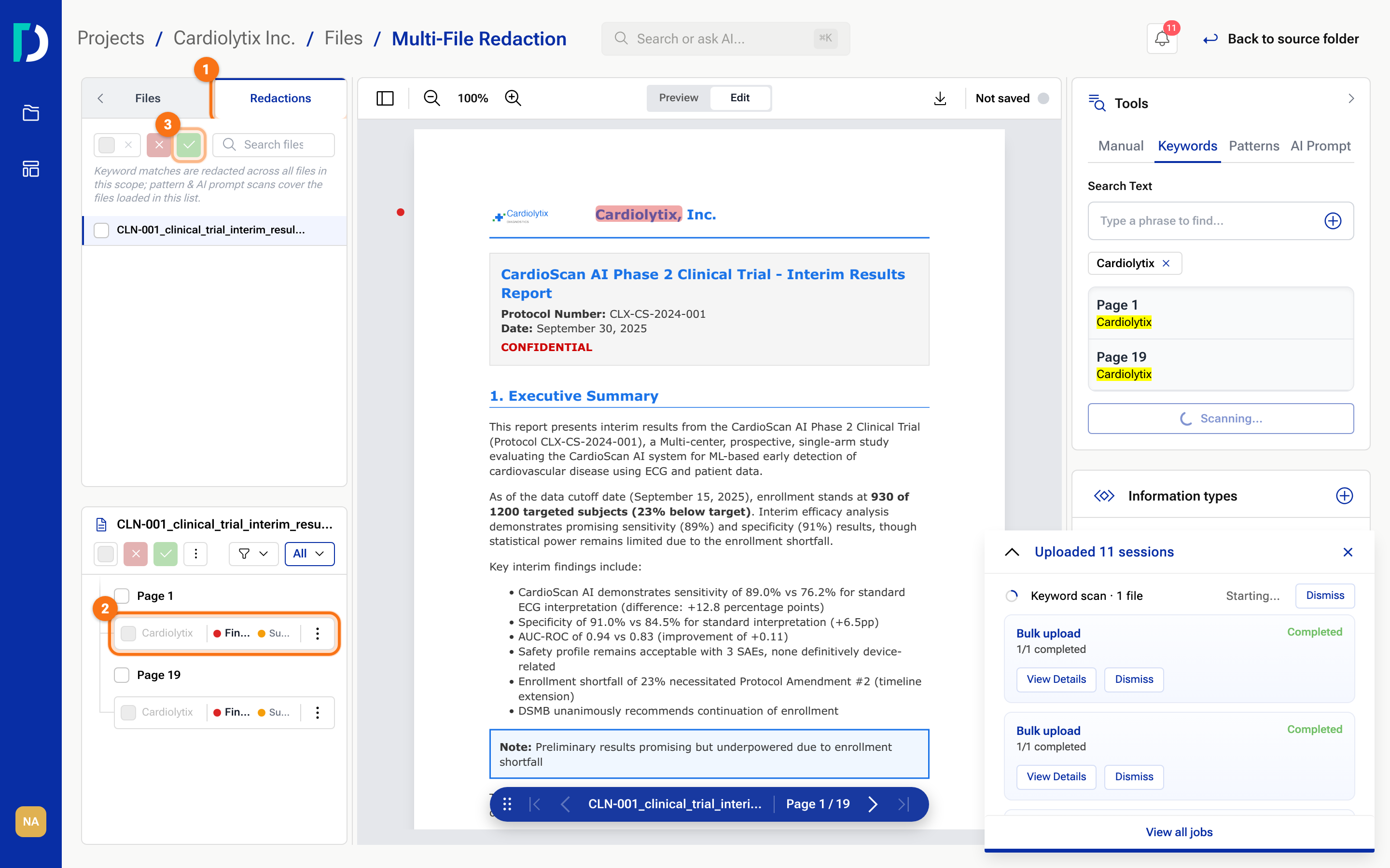 The Redactions tab listing the open file's suggested redactions