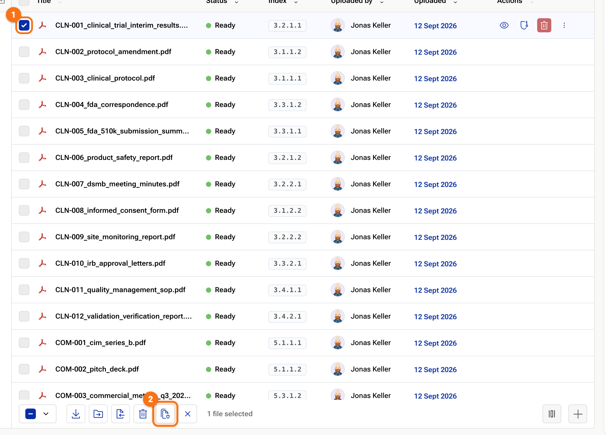 The Files page with one document ticked and the Redact icon in the selection bar
