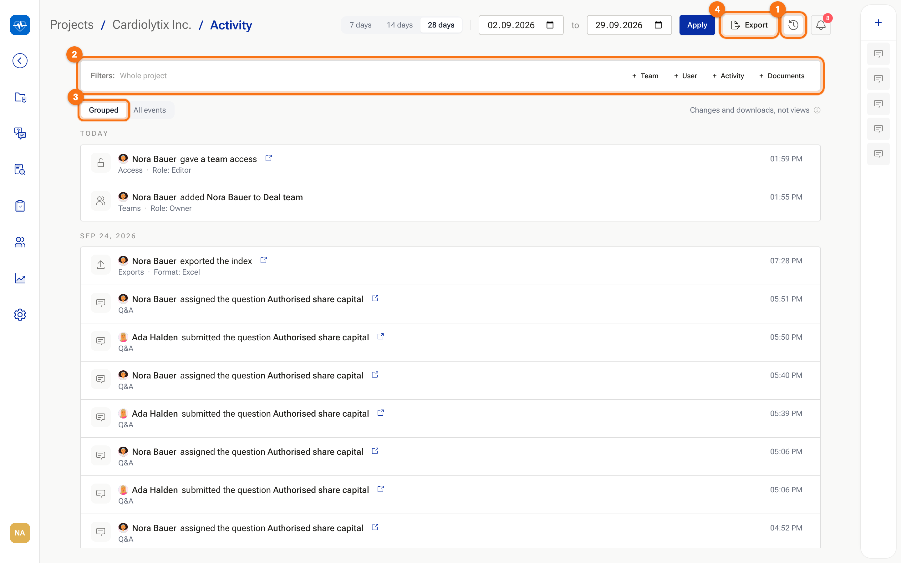 The Activity page with grouped changes and the filter bar