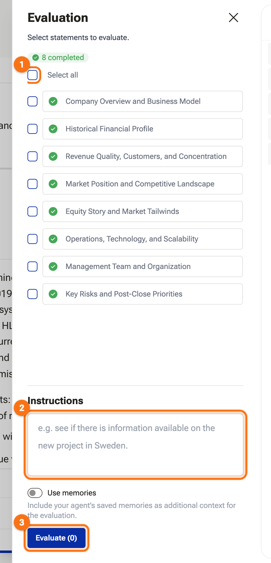The Evaluation panel with statements selected and the Evaluate button