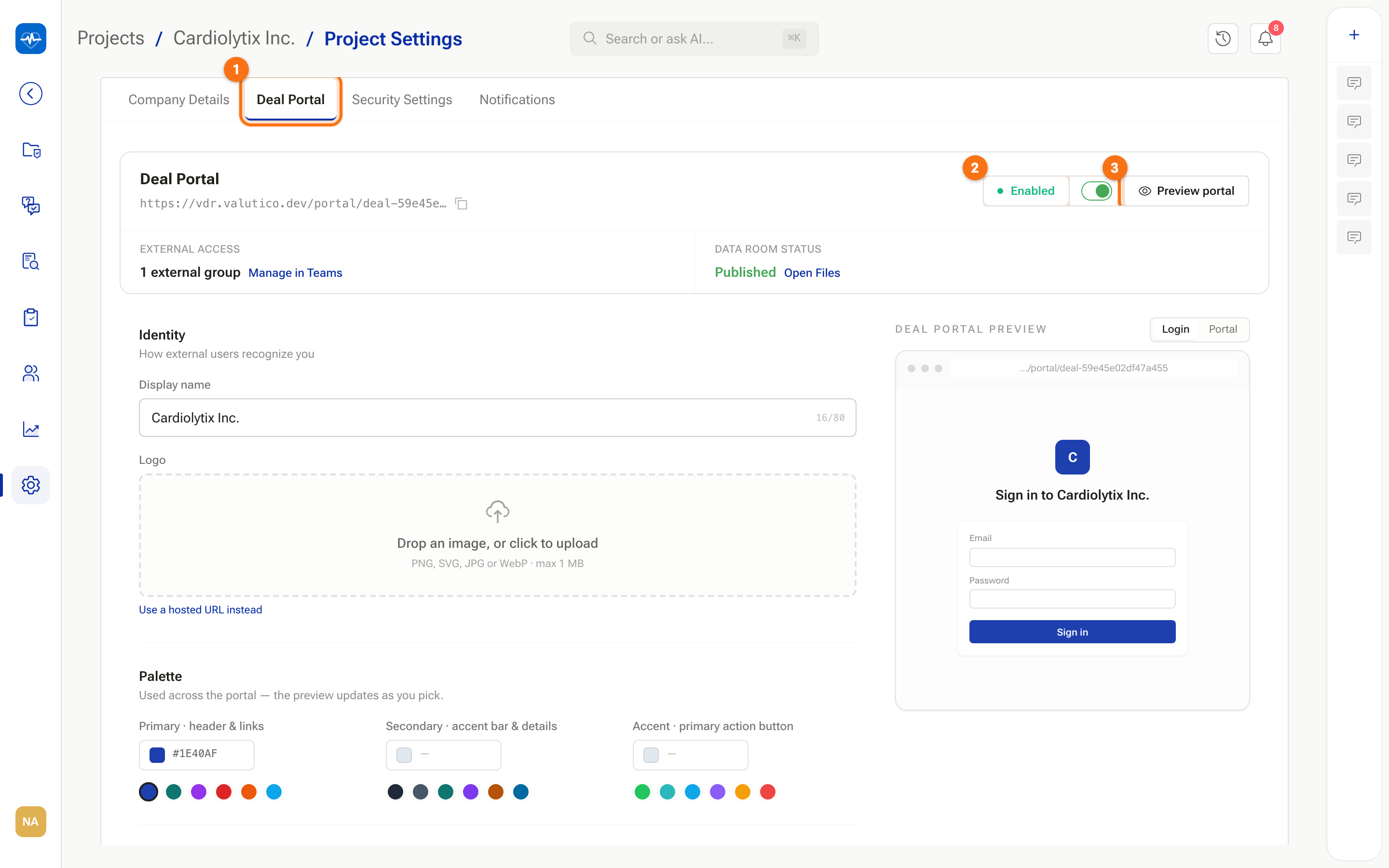 The Deal Portal tab with the lifecycle control and the settings form