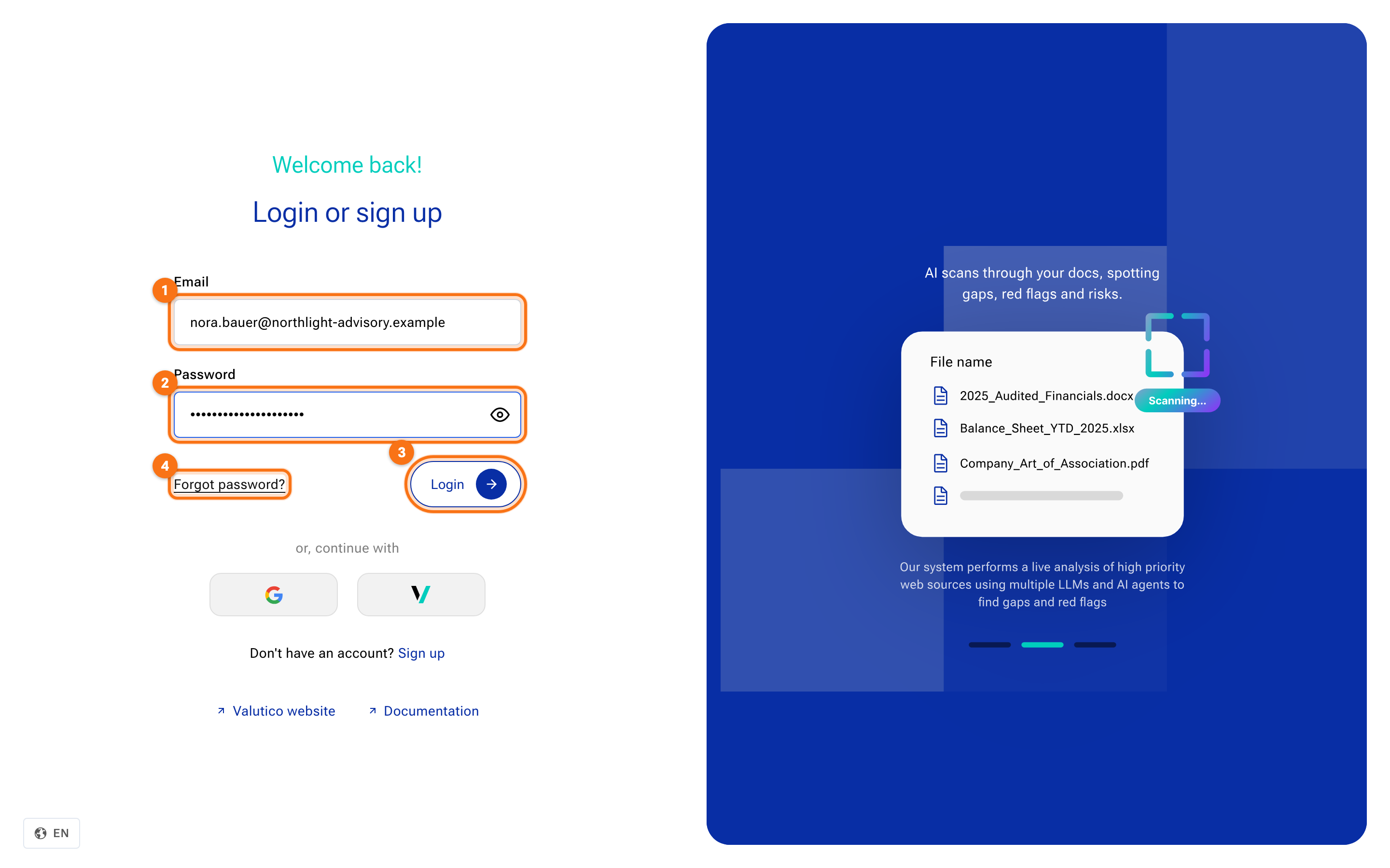 The sign-in page with Email, Password, Login and Forgot password