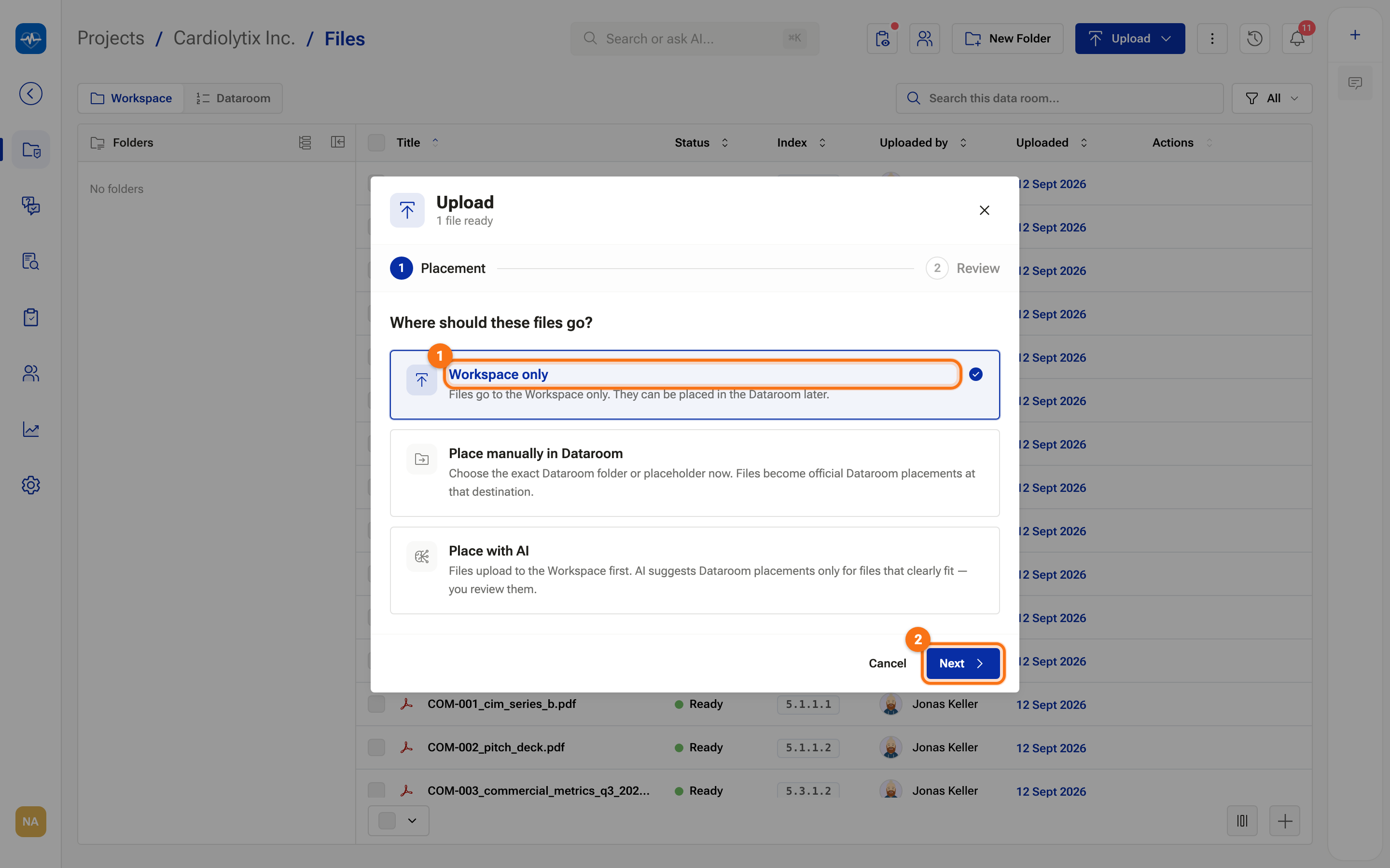 The upload dialog asking where the files should go, with Workspace only selected