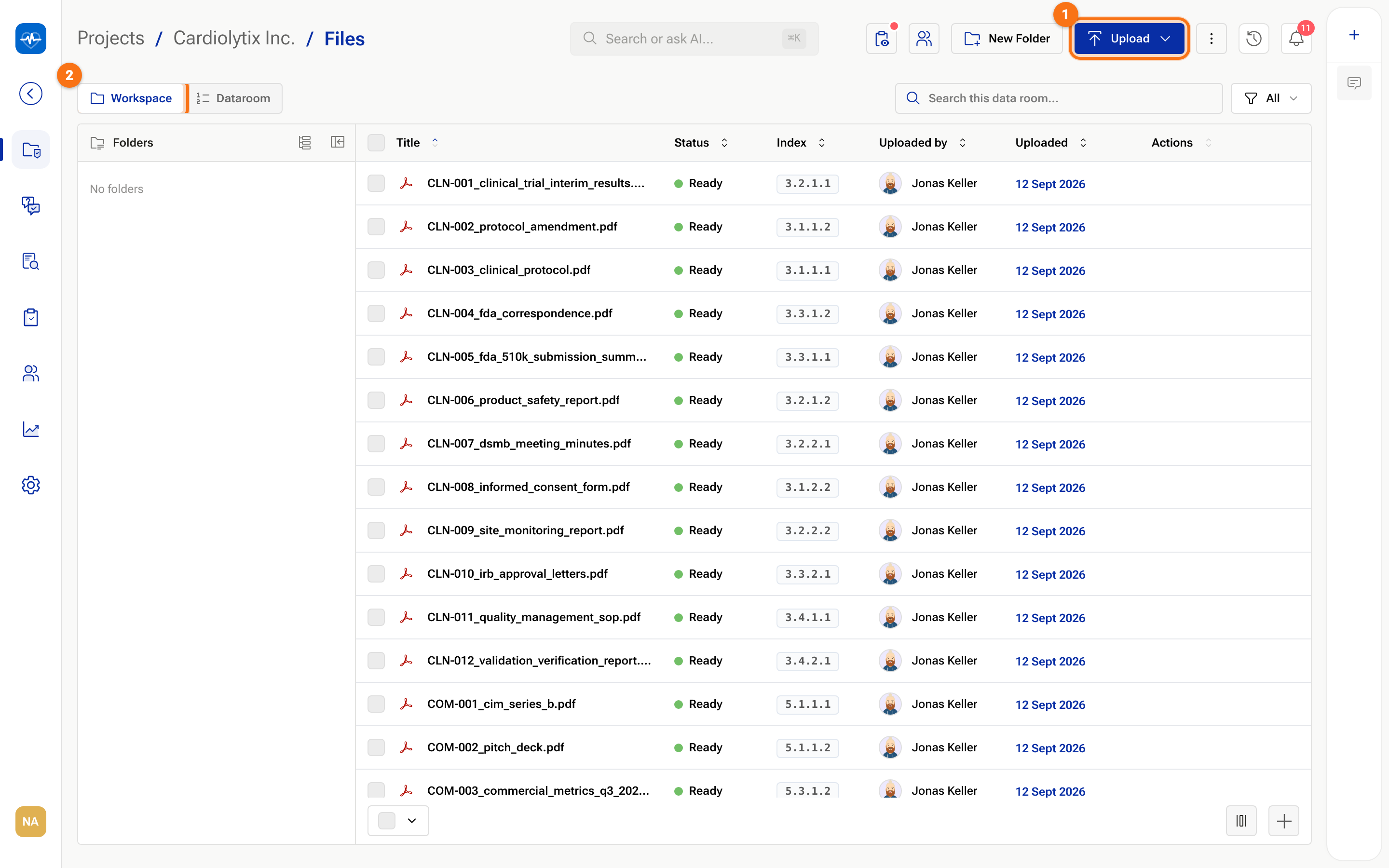 The Workspace listing the demo deal's documents with status Ready
