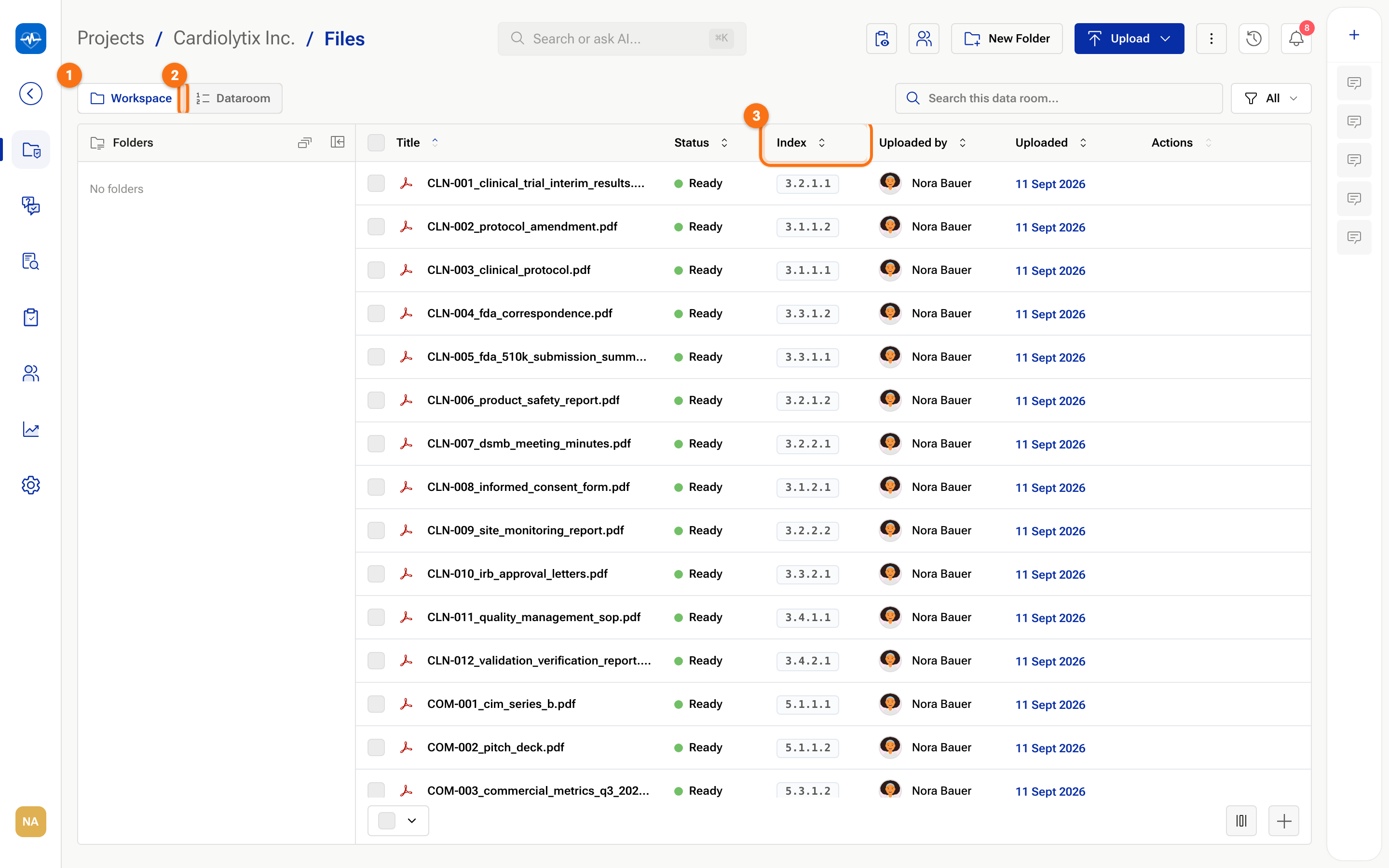 The Files page with the Workspace and Dataroom tabs